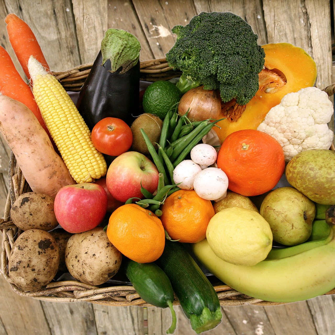 Overhead Shot Of Fruits And Vegetables On A Wicker Tray Wallpaper