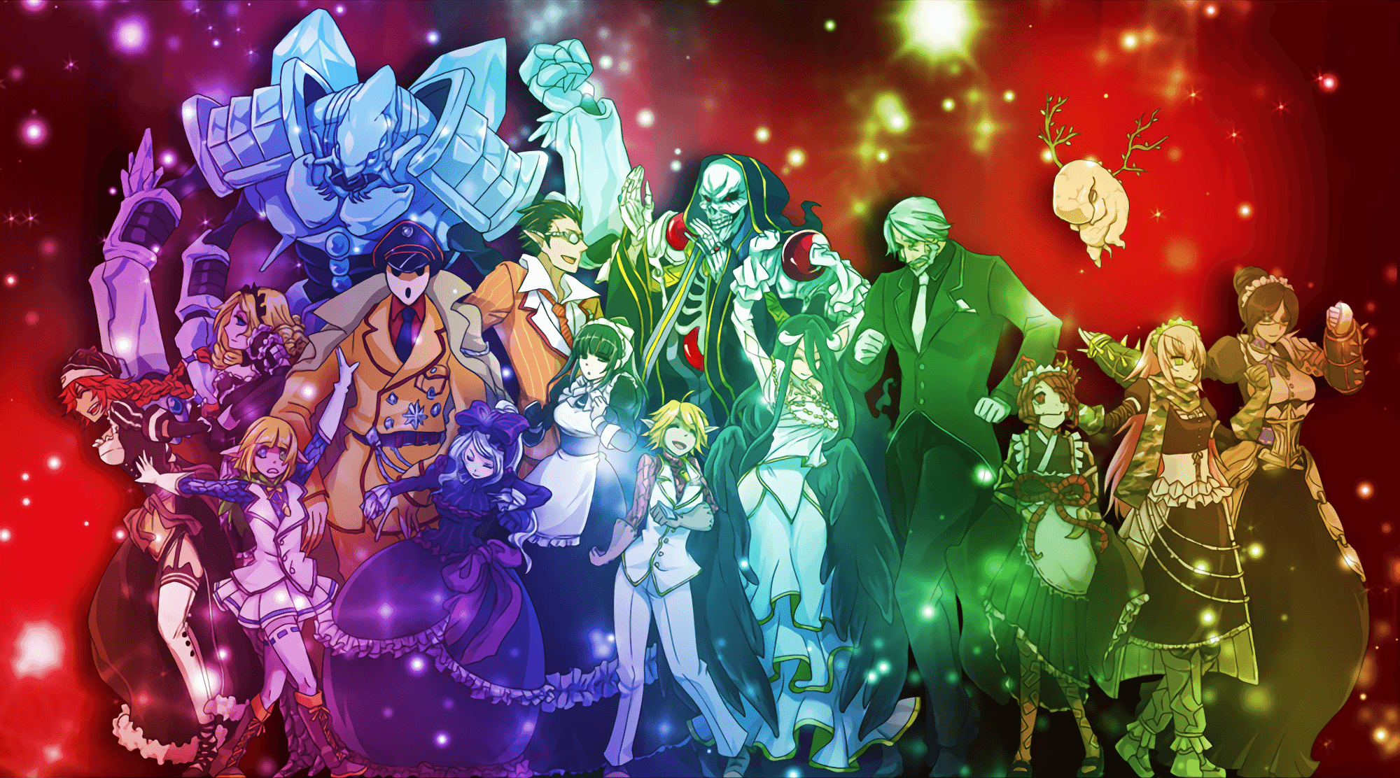 "Preparatia essere sopraffatto!" Sfondi — Un vibrante ritratto di gruppo anime con diversi personaggi in costumi colorati su uno sfondo rosso scintillante con particelle luminose.
