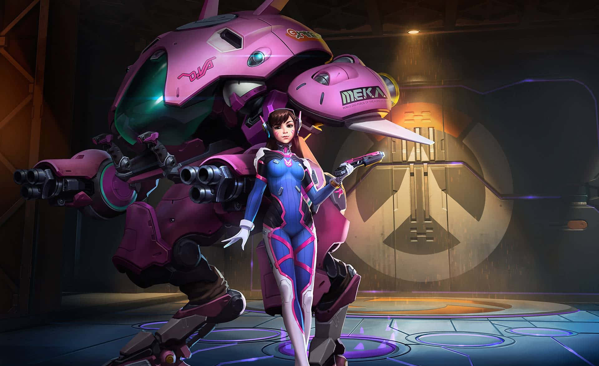 D.Va, the fierce and skilled eSports champion from Overwatch, suited up in her powerful MEKA. Wallpaper