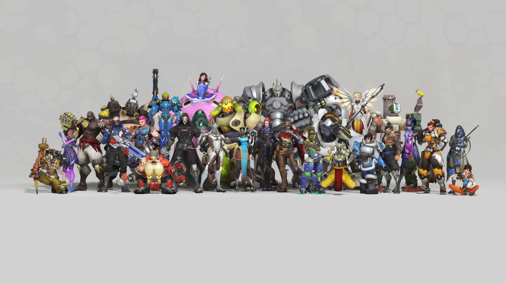 Overwatch-karakterer står samlet i en pose på en blå baggrund Wallpaper