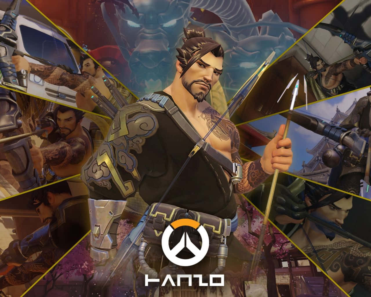 Hanzo of Overwatch Standing and Aiming with Bow Wallpaper