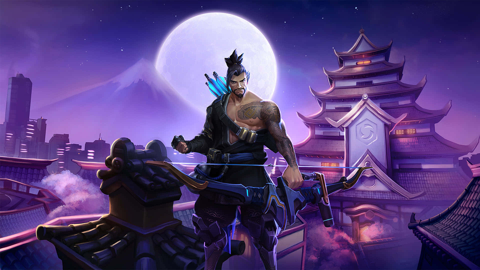 Hanzo from Overwatch extending his bow and arrow, set against an intense, action-filled background Wallpaper