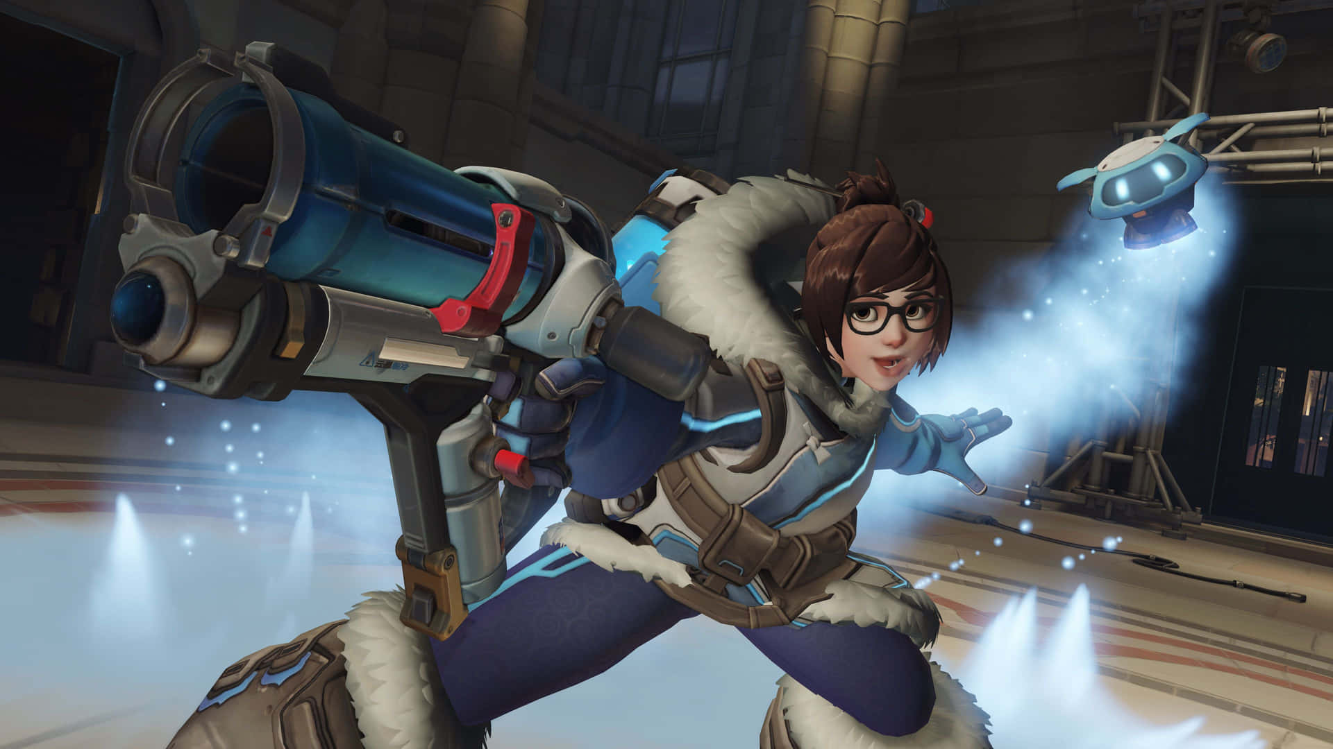 Overwatch's Mei ready for action on a snowy battleground Wallpaper