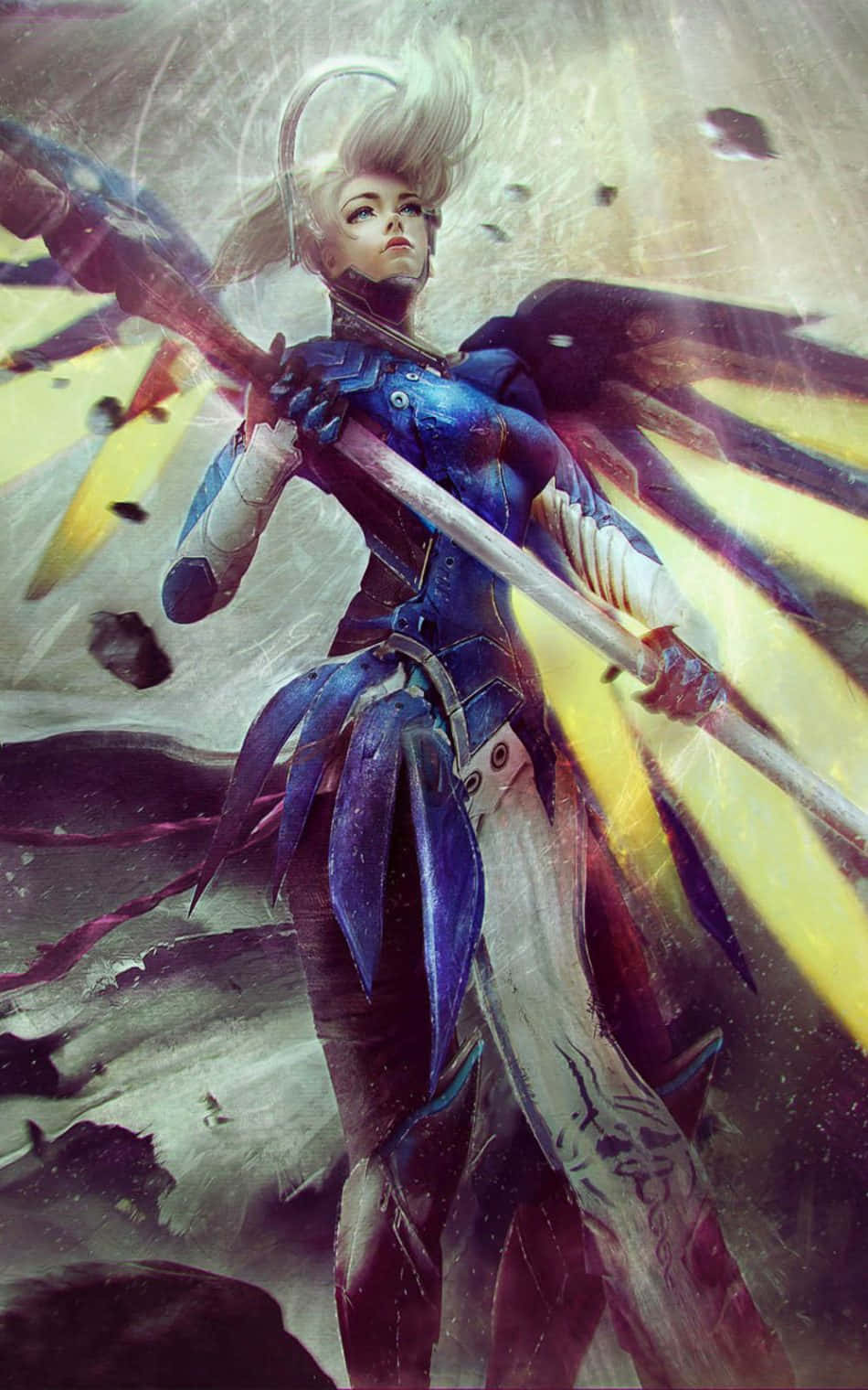 Overwatch's Mercy soaring through skies Wallpaper