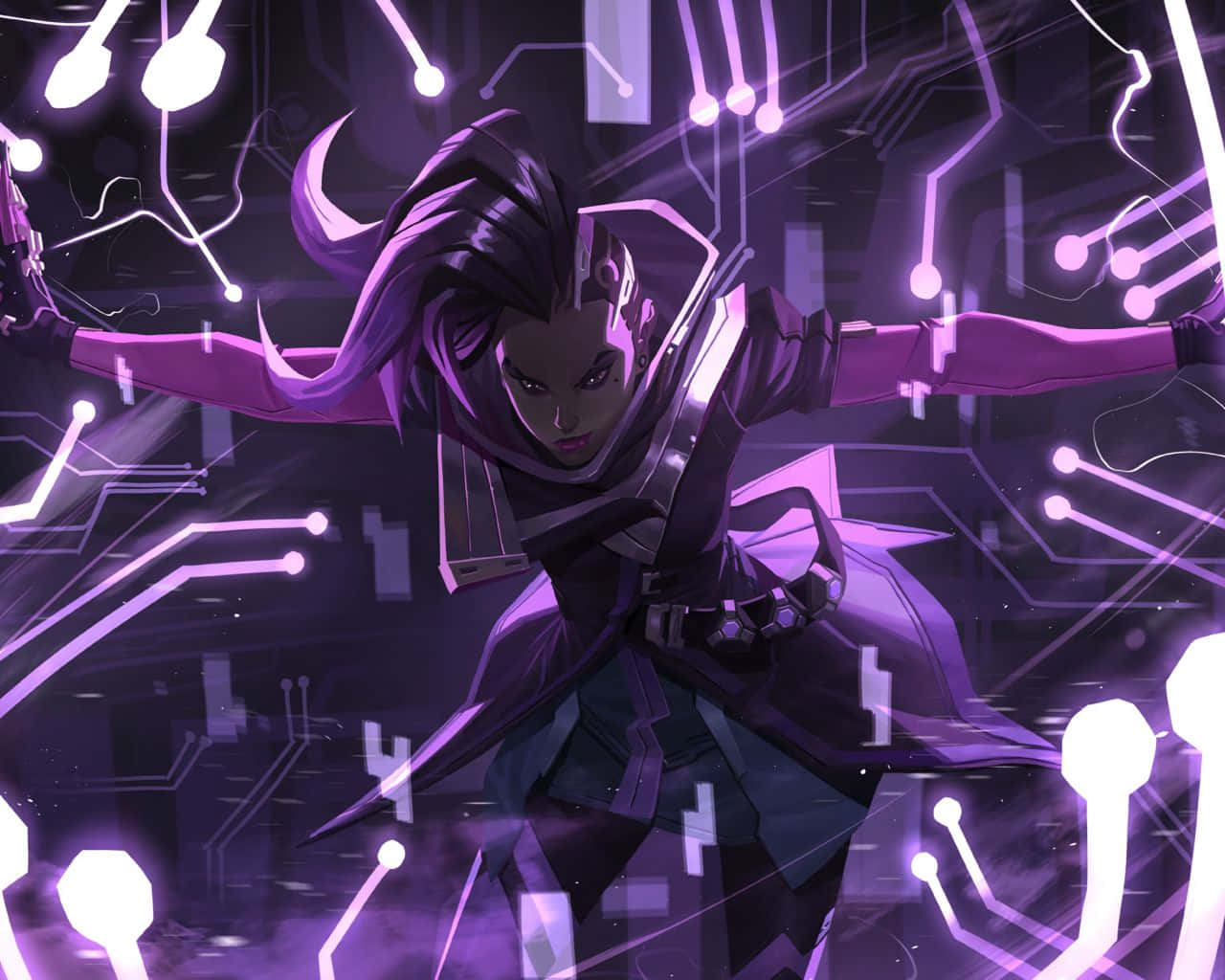 Sombra from Overwatch preparing for a stealthy attack in cyberspace Wallpaper