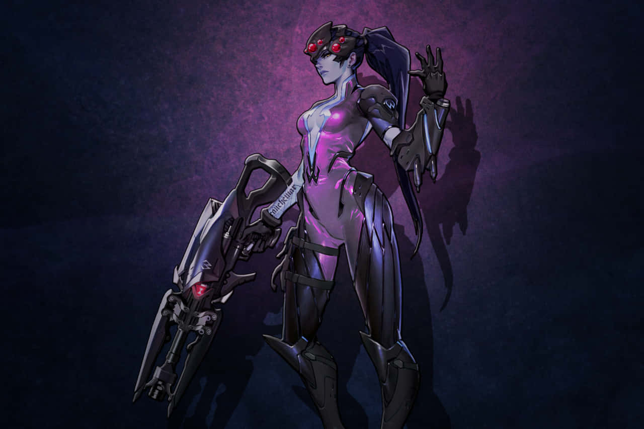 A Female Character In A Purple Outfit Holding A Gun Wallpaper