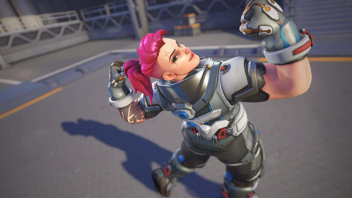 The powerful and unstoppable Zarya of Overwatch ready for battle Wallpaper