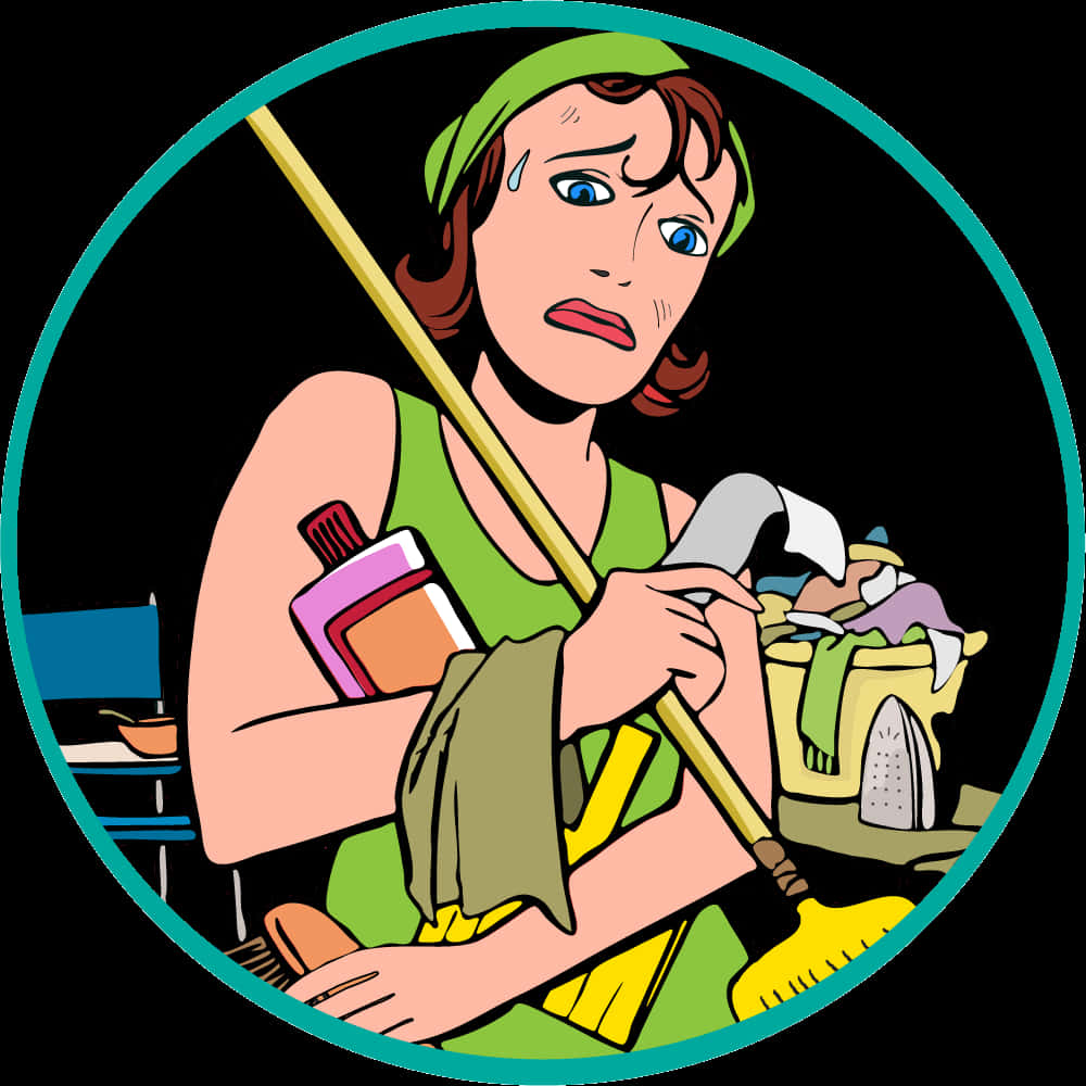 Overwhelmed Cleaning Lady Illustration PNG