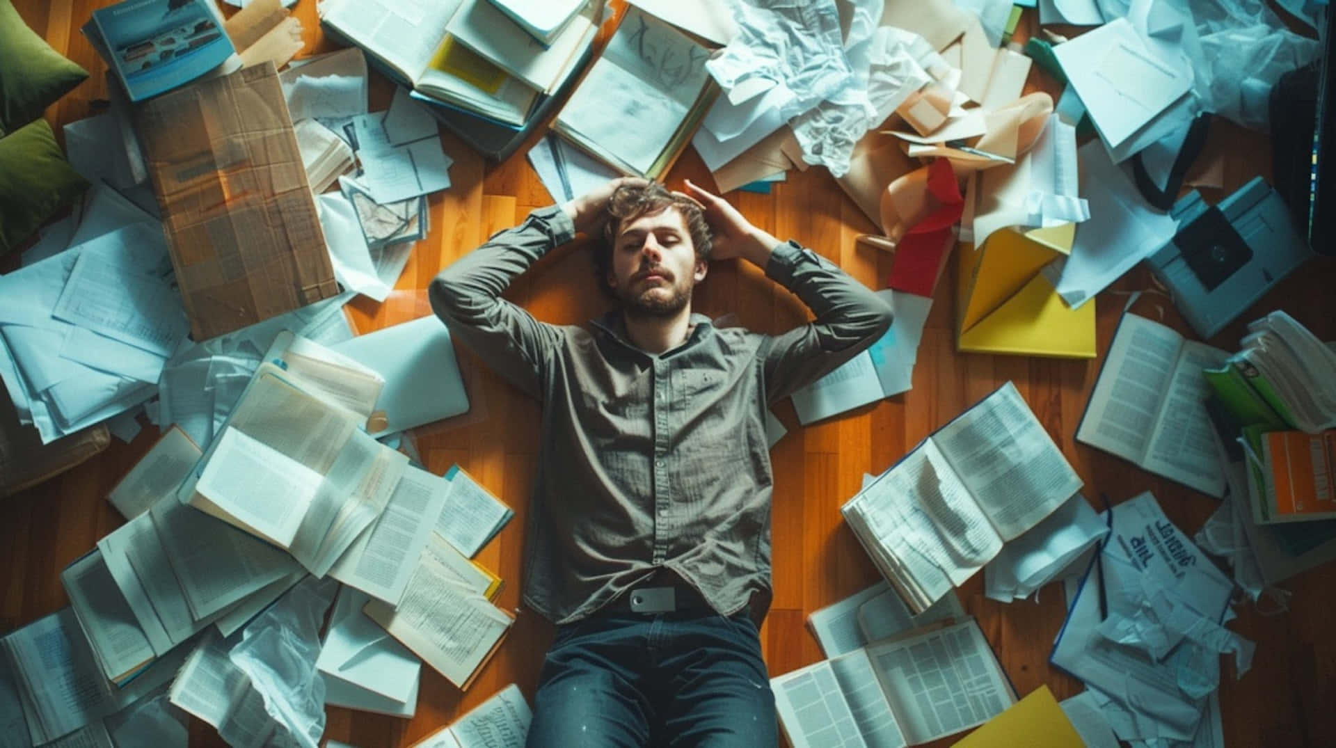 Overwhelmed Man Surroundedby Papers Wallpaper
