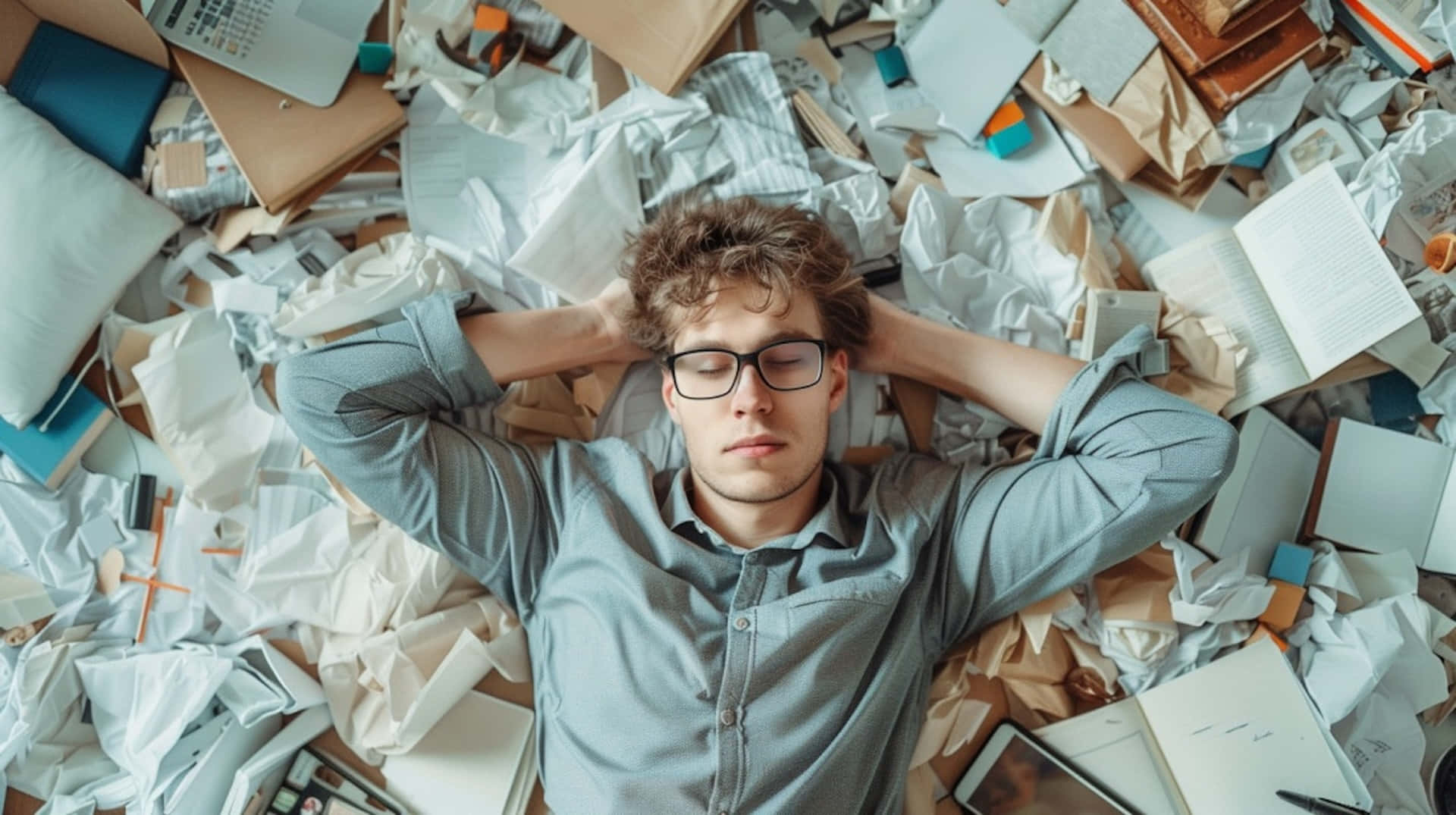 Overwhelmed Man Surroundedby Papers Wallpaper