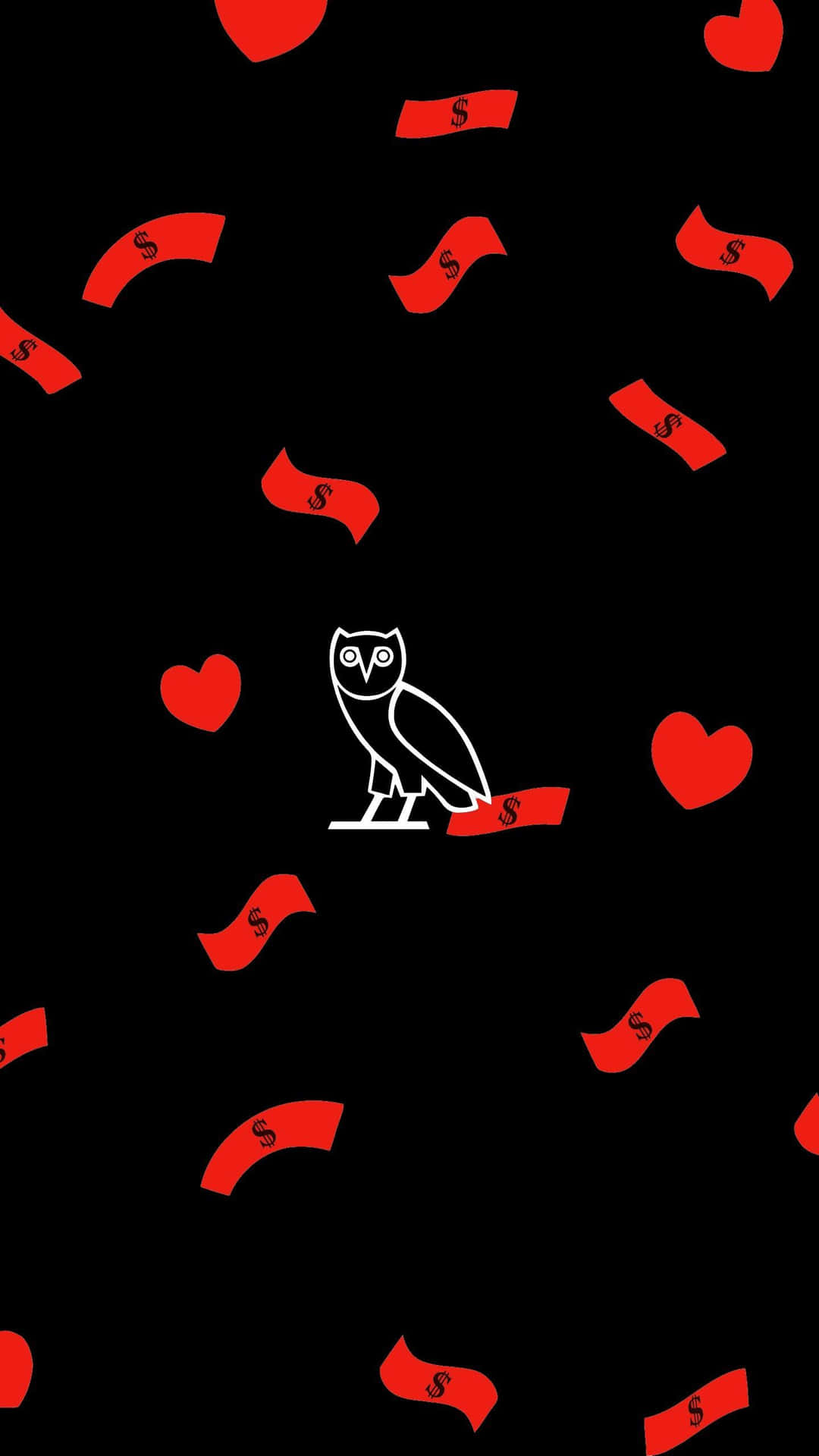 Owl With Red Hearts On A Black Background Wallpaper