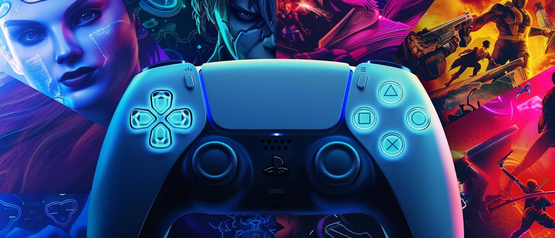 P S5 Controllerand Gaming Characters Collage Wallpaper