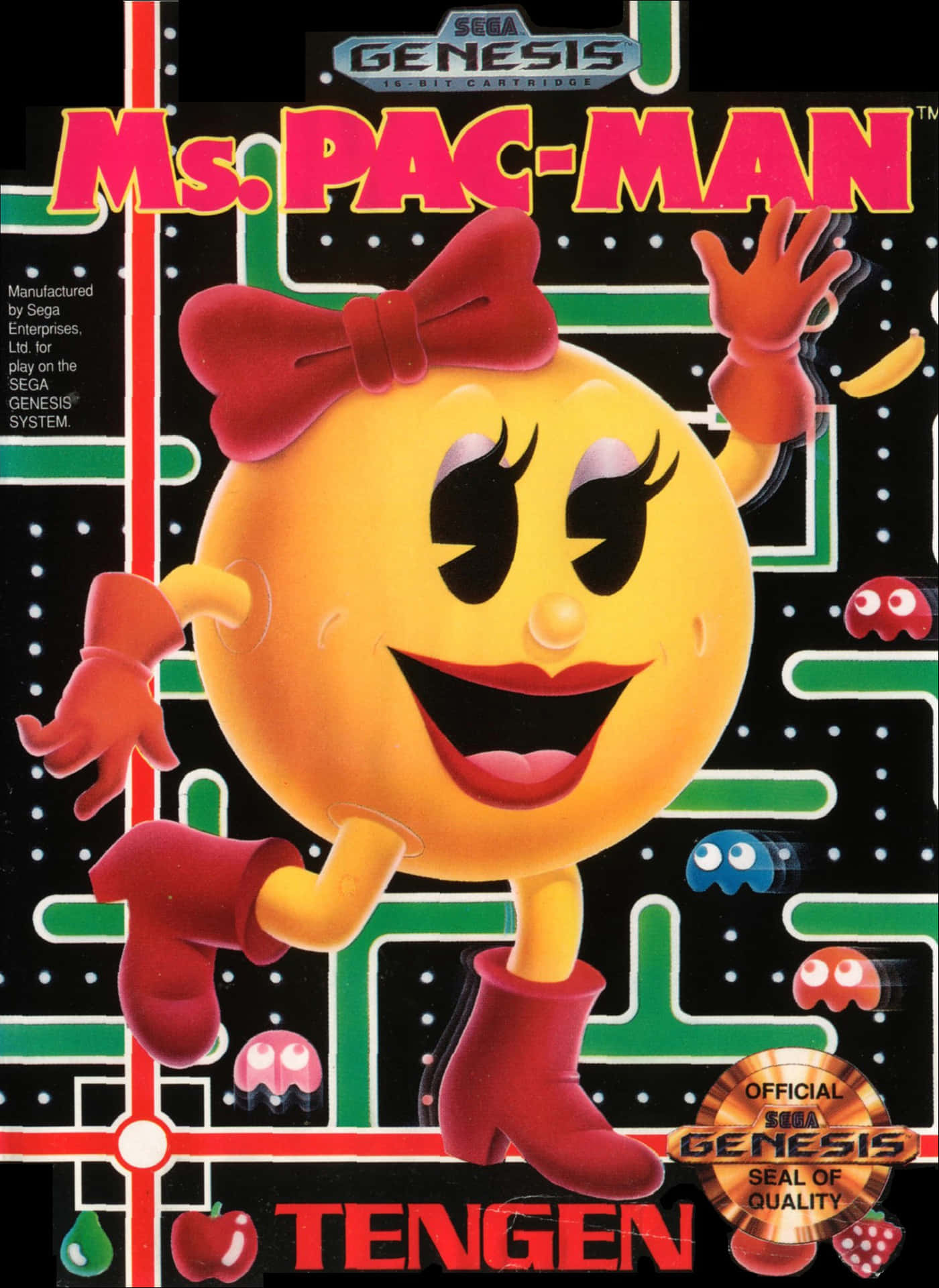 Classic Pac-Man chasing ghosts in a colorful maze