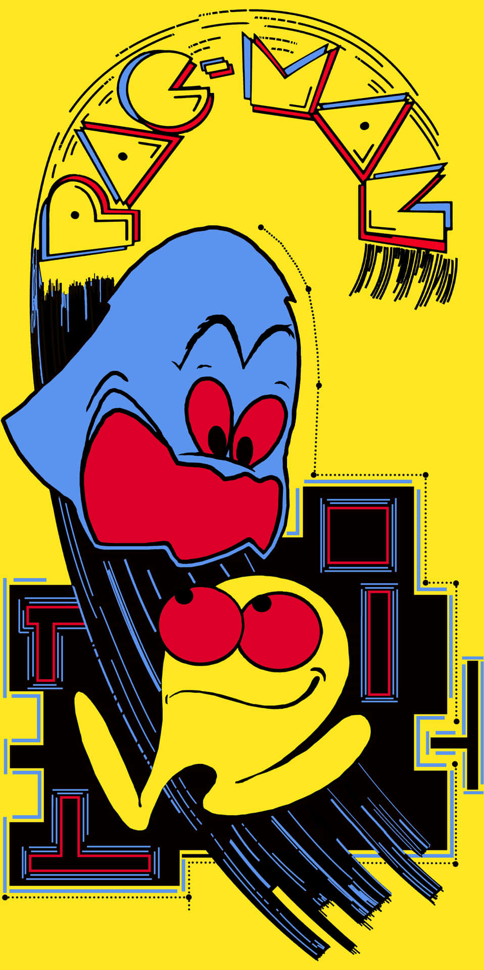 Iconic Pac-Man characters and maze