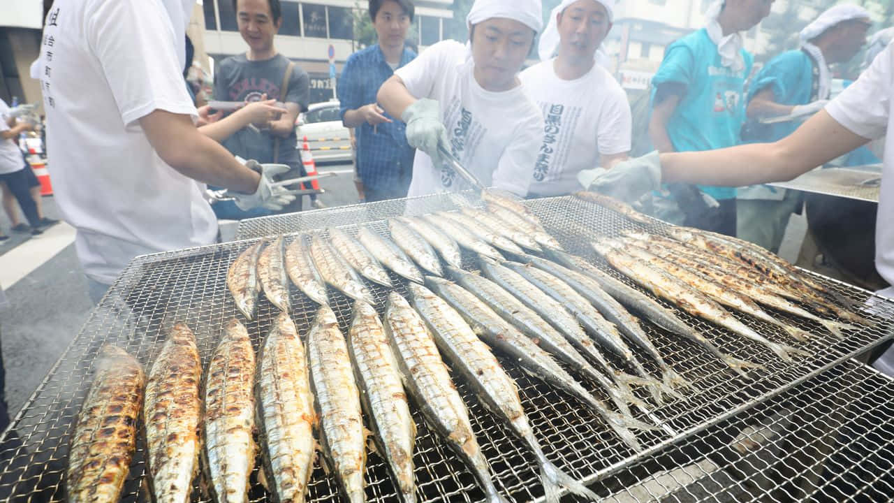 Pacific Saury Grilling Event Wallpaper
