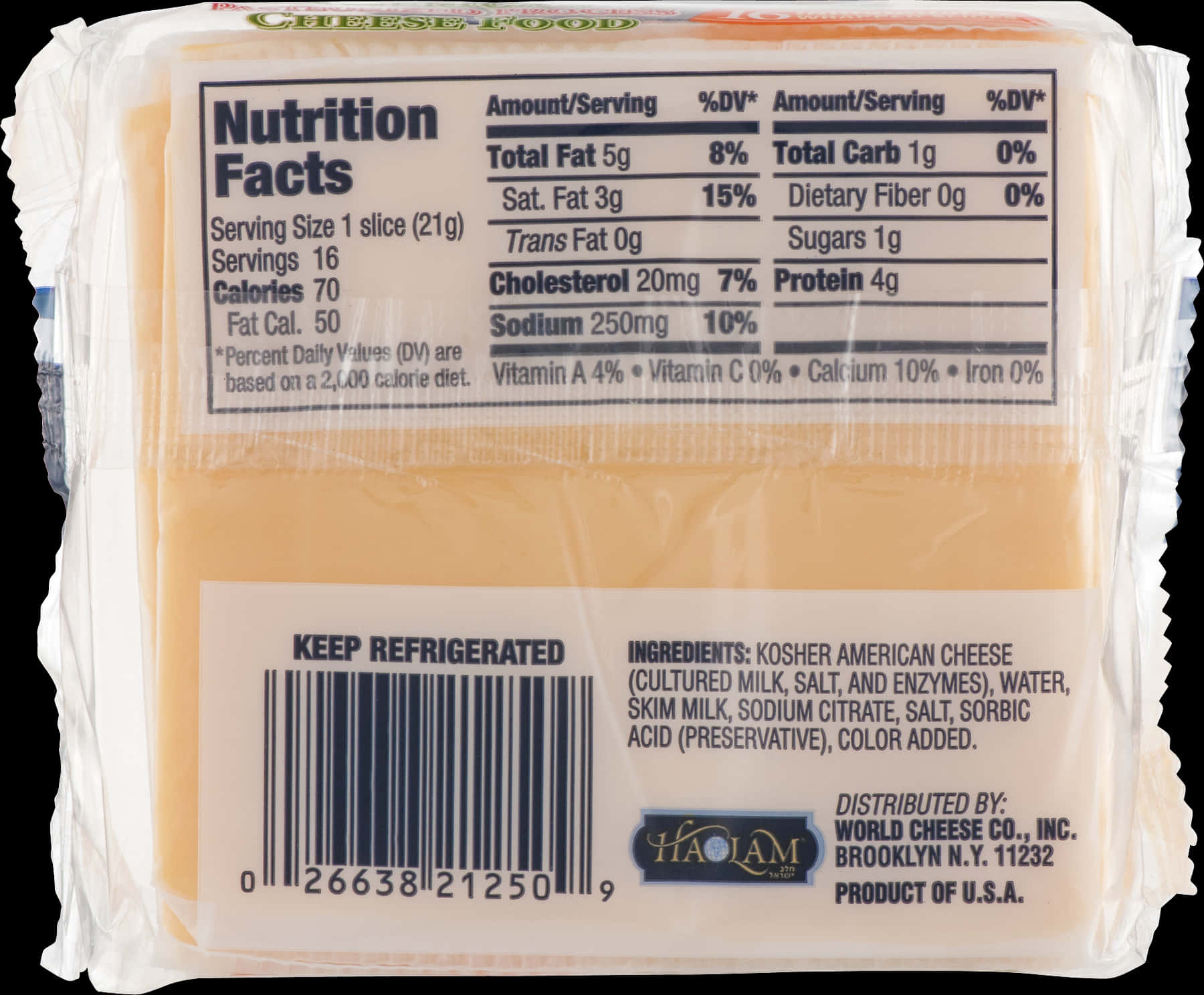 Packaged American Cheese Nutrition Label PNG