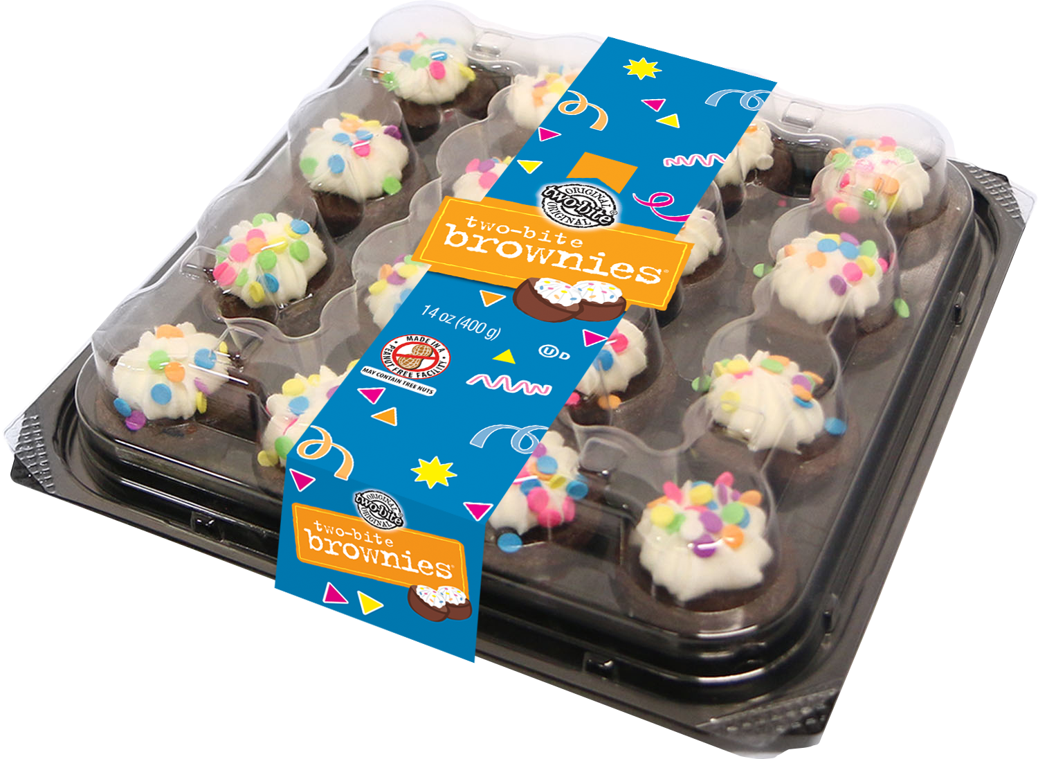 Packaged Two Bite Brownies Decorated With Icing And Sprinkles PNG
