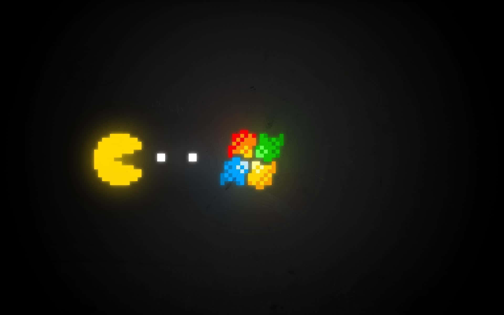 Pacman Collecting Dots Pixelated Microsoft Logo Wallpaper