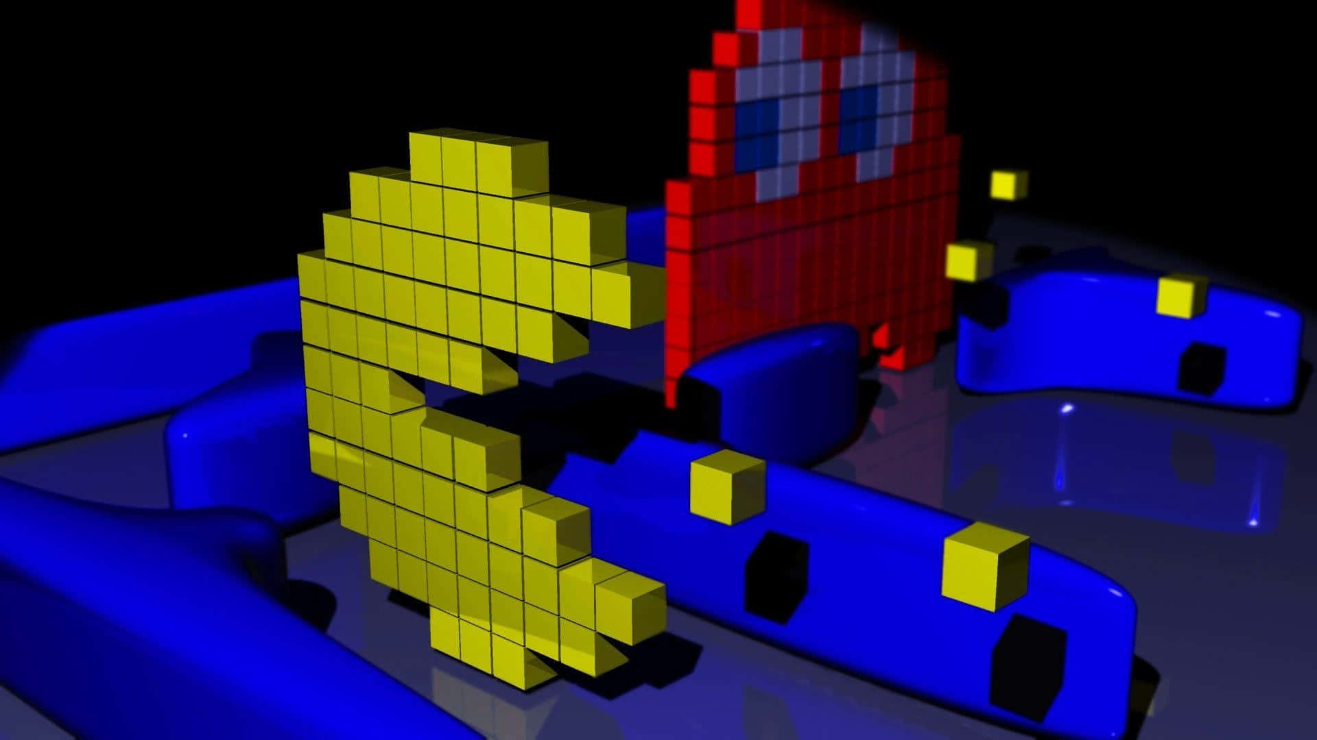 A Blue And Yellow Pixelated Image Of A Pac Man Game Wallpaper