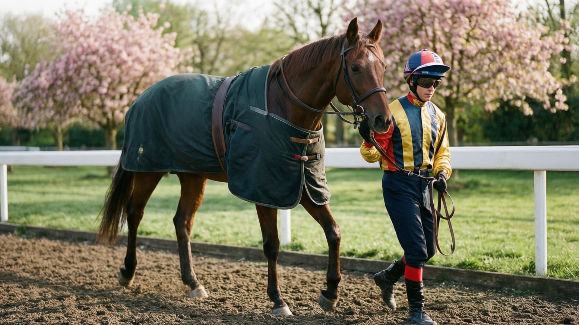Paddock Preparations Wallpaper — A jockey in colorful silks leads a brown racehorse wearing a green blanket along a dirt track bordered by blooming pink cherry trees.