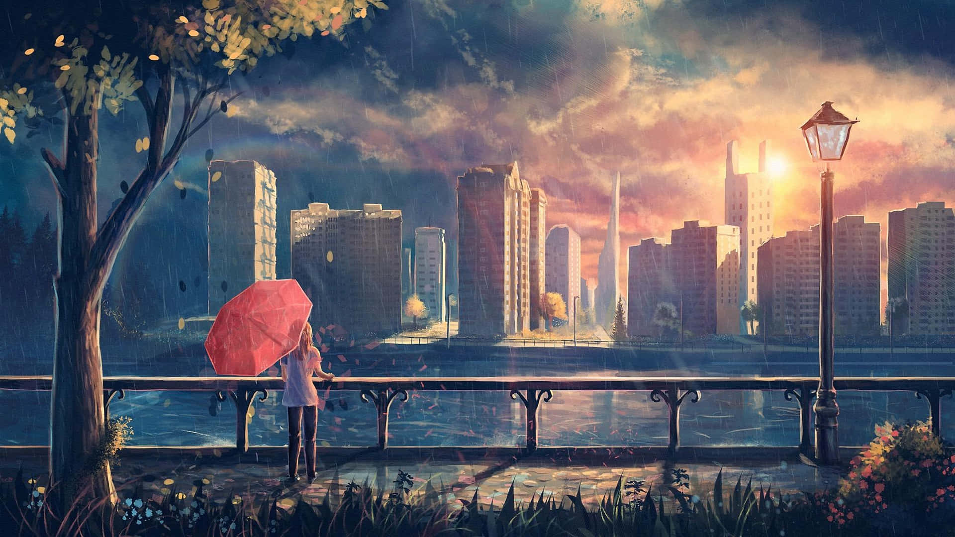 Paesaggionotturno Anime Estetico Di Una Città.