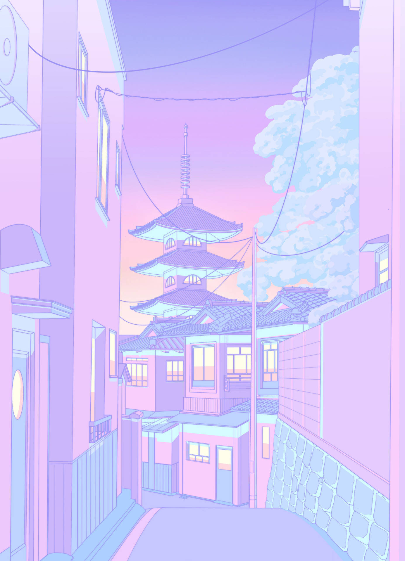 Pagoda i en Gade Pastel Japansk Æstetisk Wallpaper