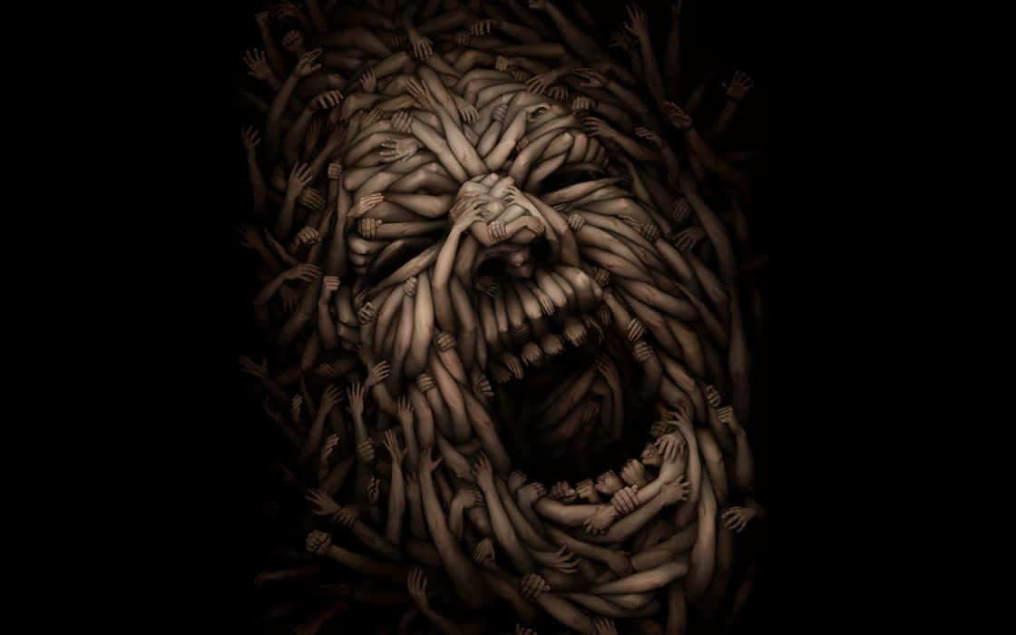 Et mørkt tegning af et monster med et mundfuld søm. Wallpaper