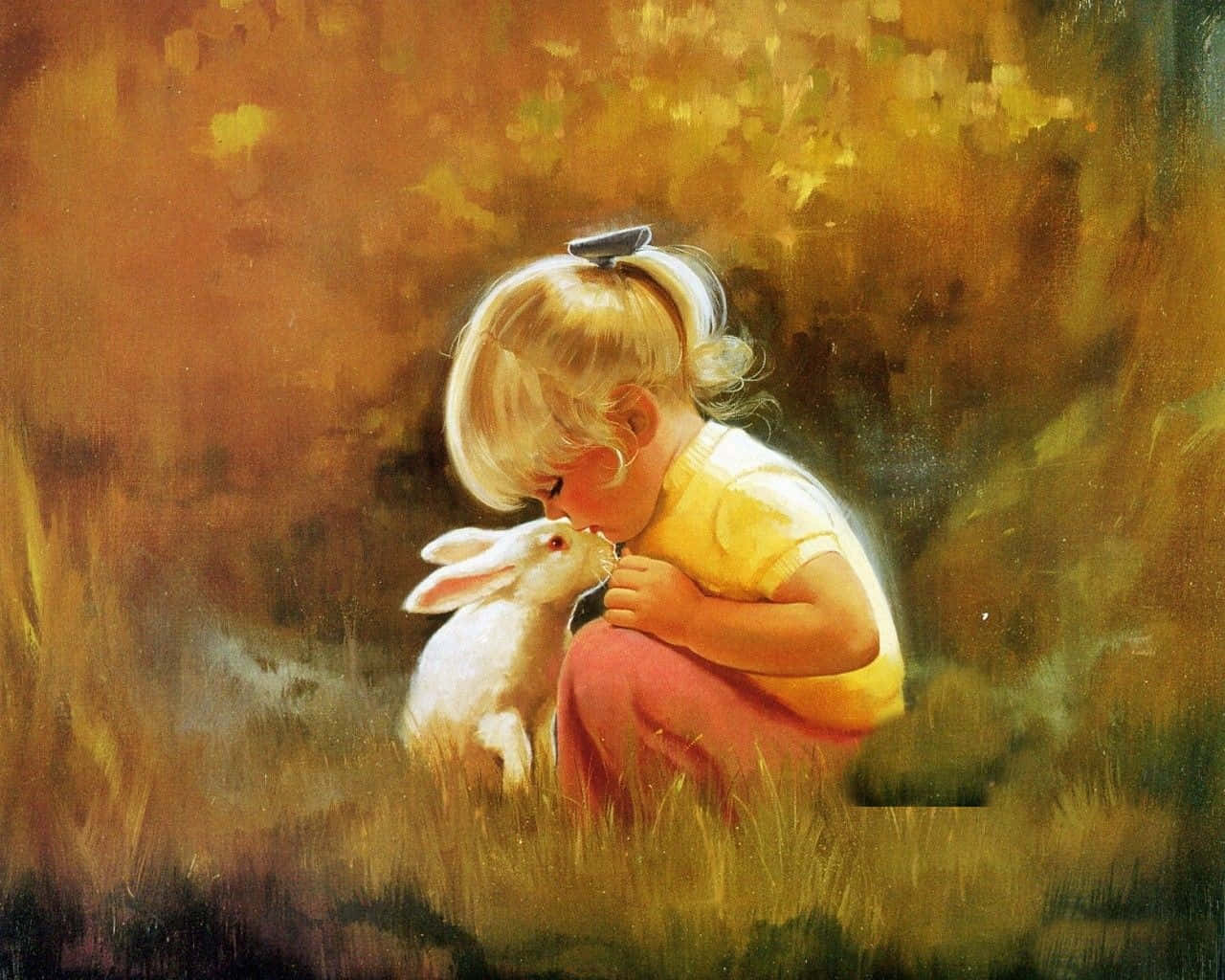 Bunny Little Girl With A Rabbit Paint Background