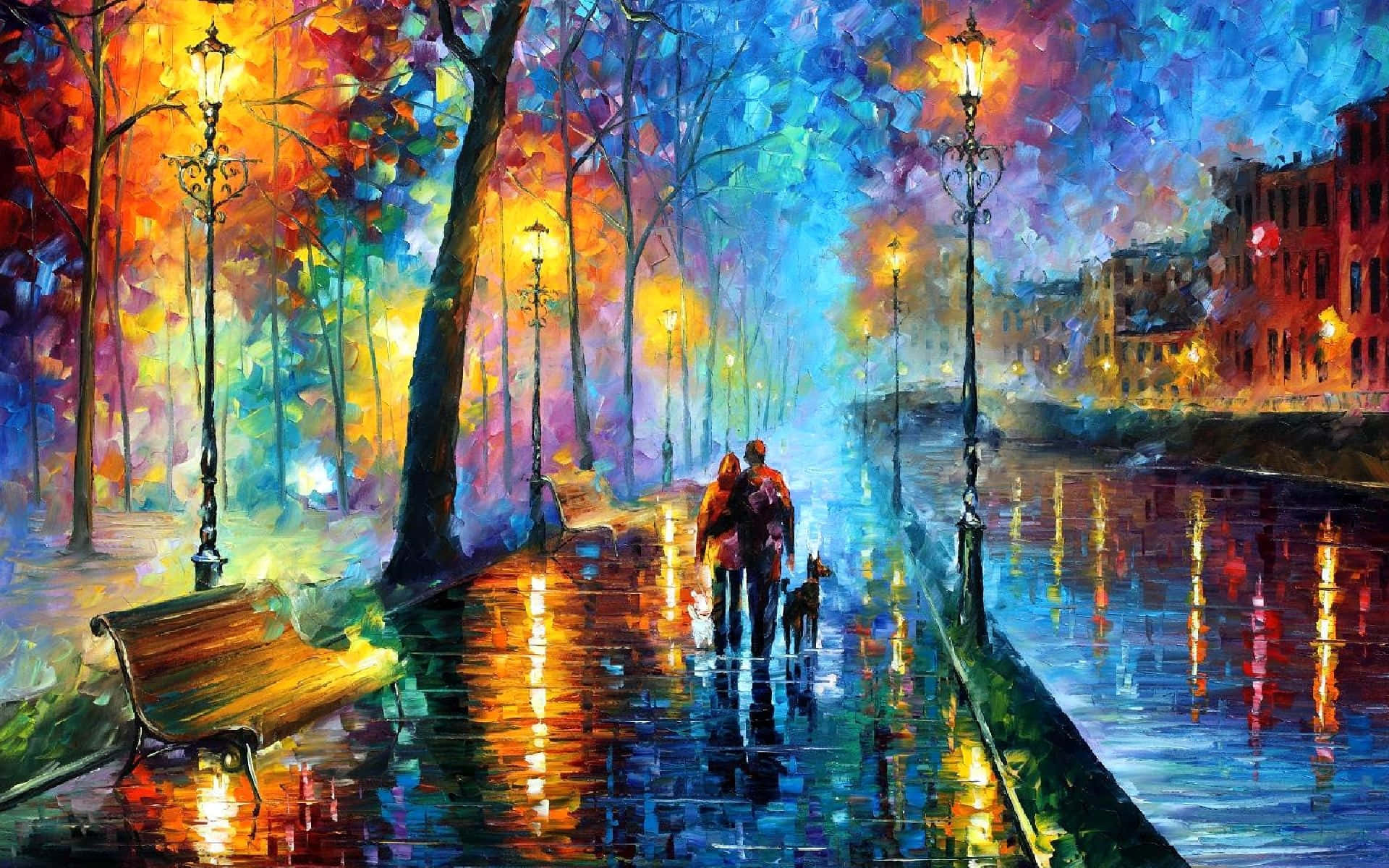 Et maleri af et par, der går ned ad gaden om aftenen.