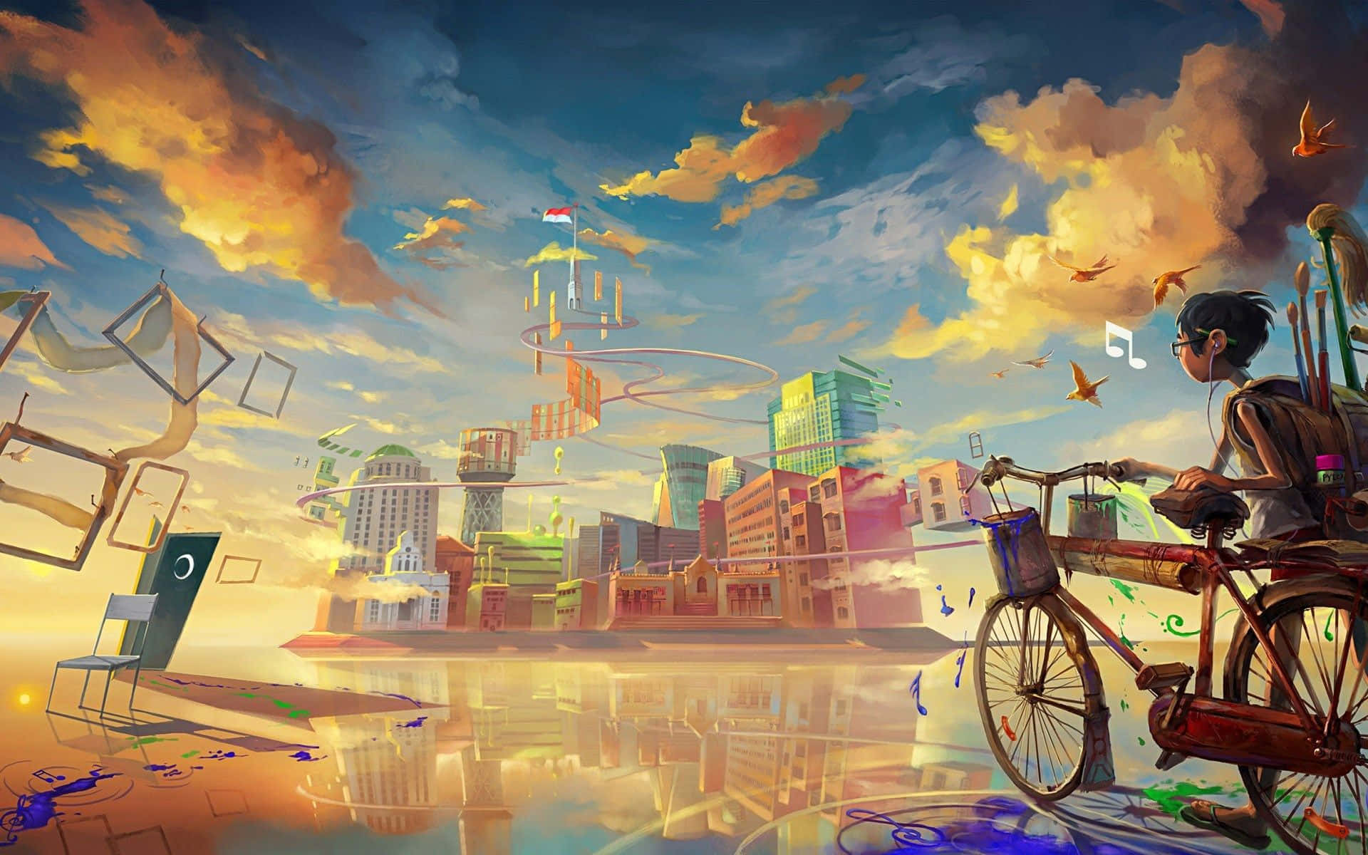 A Man On A Bicycle In Front Of A City