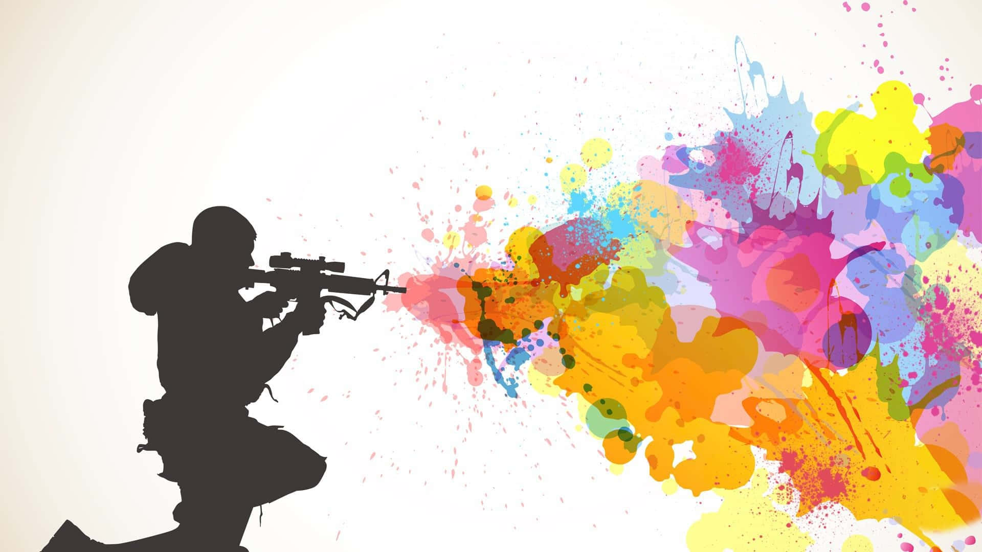 Unasilueta De Un Hombre Disparando Un Arma Con Pintura De Colores.