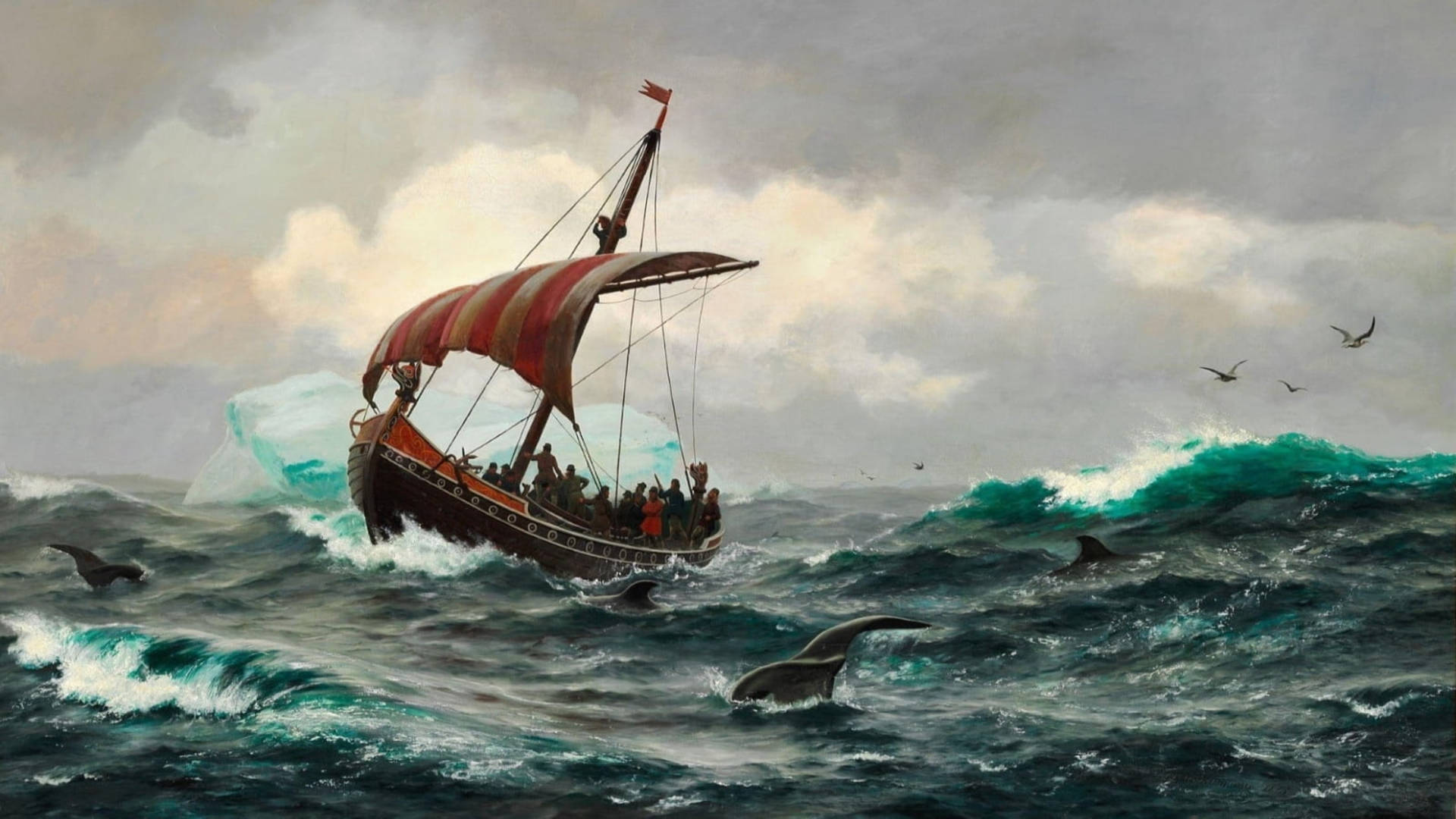 Painted Viking Ship On Sea Wallpaper