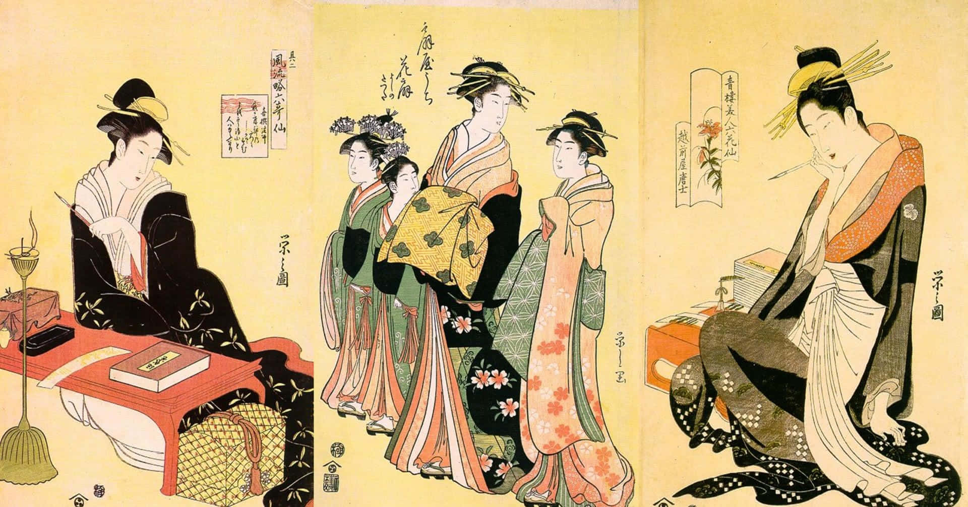 Etmaleri Af En Gruppe Kvinder Iført Kimonoer.