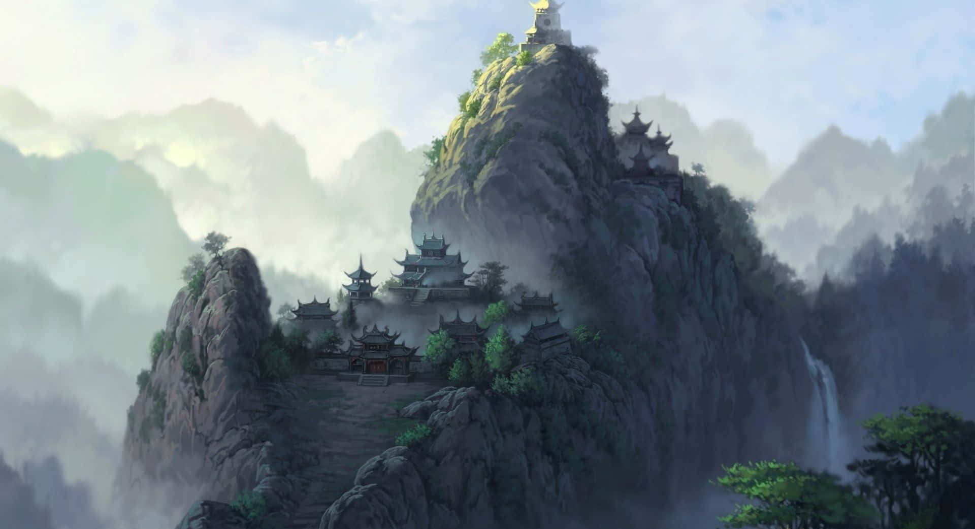 A Painting Of A Mountain With A Temple On Top