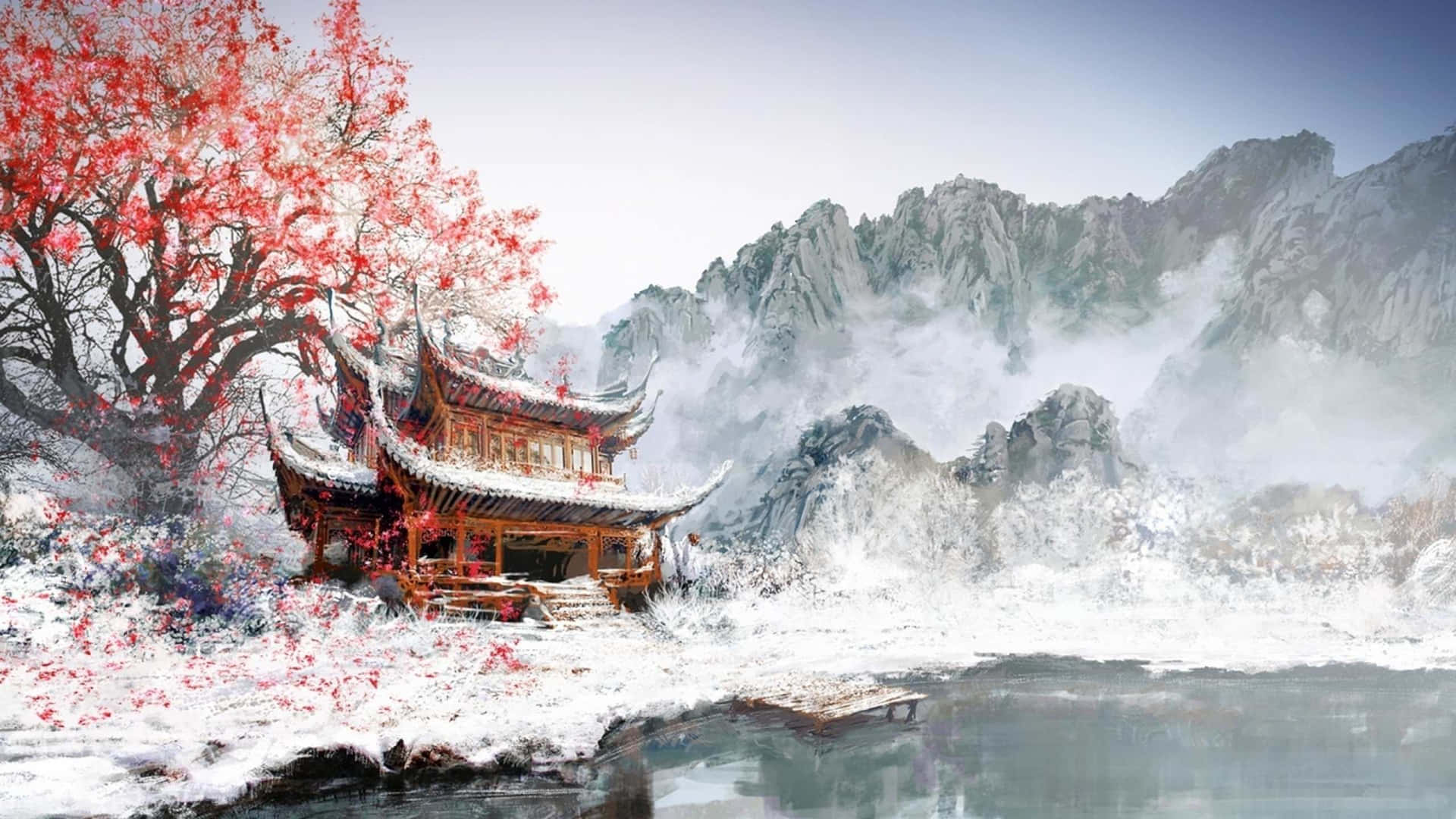 A Chinese House In The Snow With Trees And Mountains