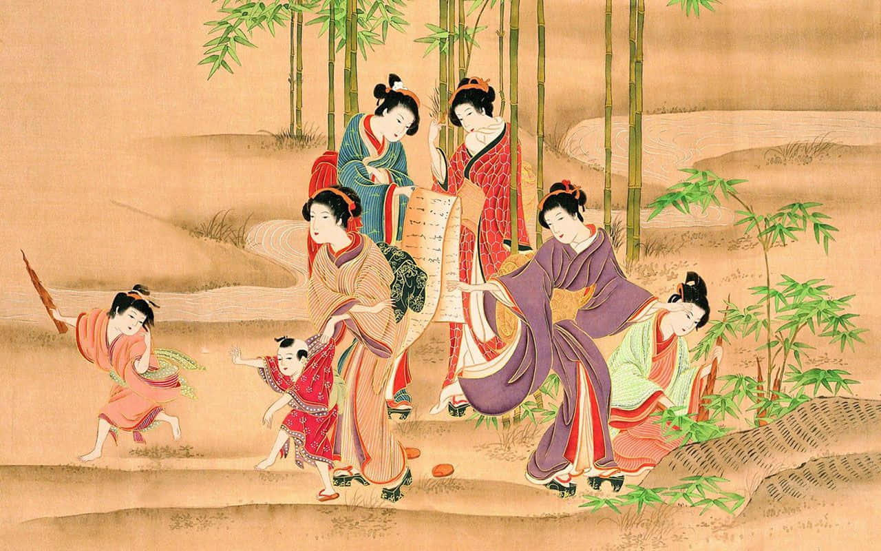 Enmålning Av En Grupp Kvinnor I En Bambuskog
