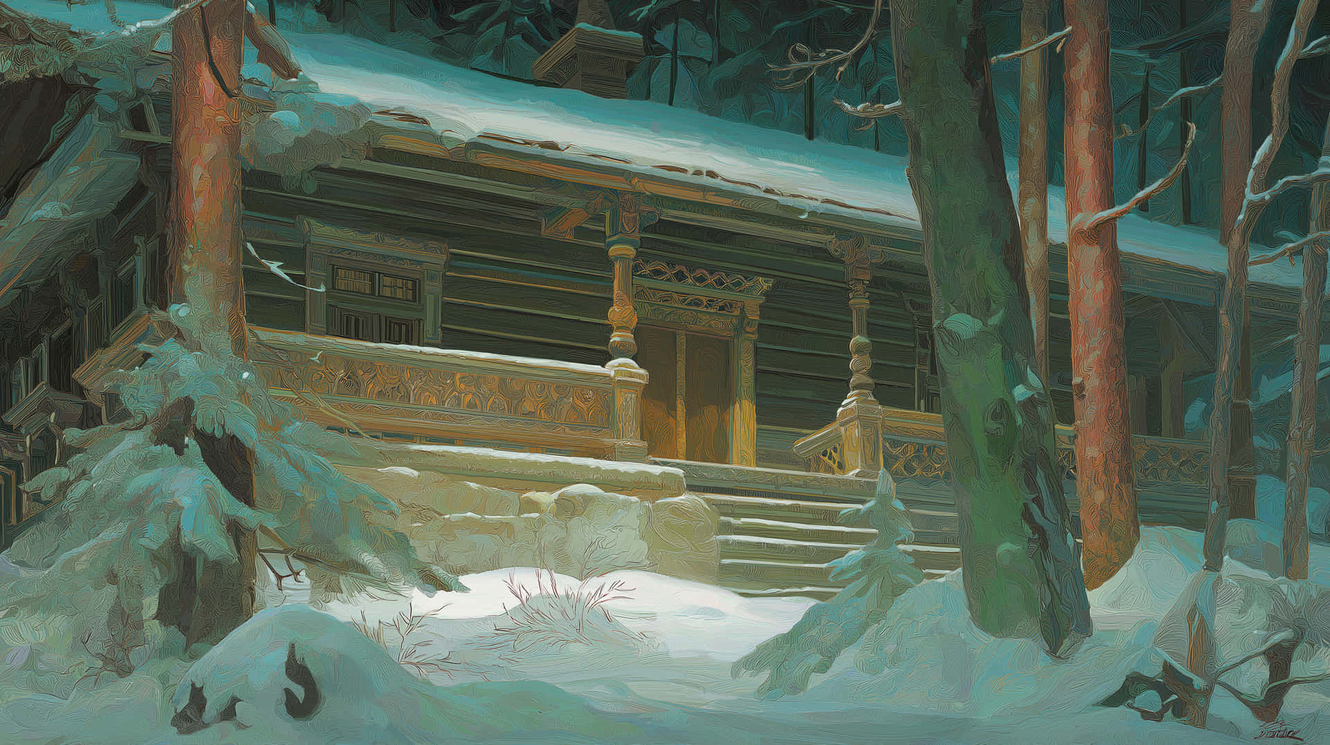 Painting Of A Rustic Wooden Cabin In A Snowy Forest Scene Wallpaper