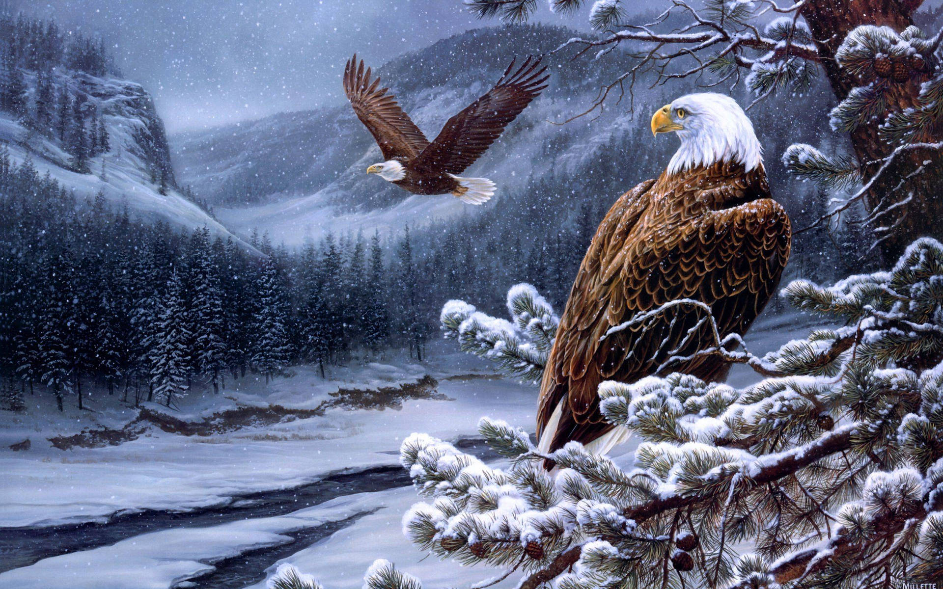 Pinturade Un Águila Calva En Las Montañas Nevadas. Fondo de pantalla
