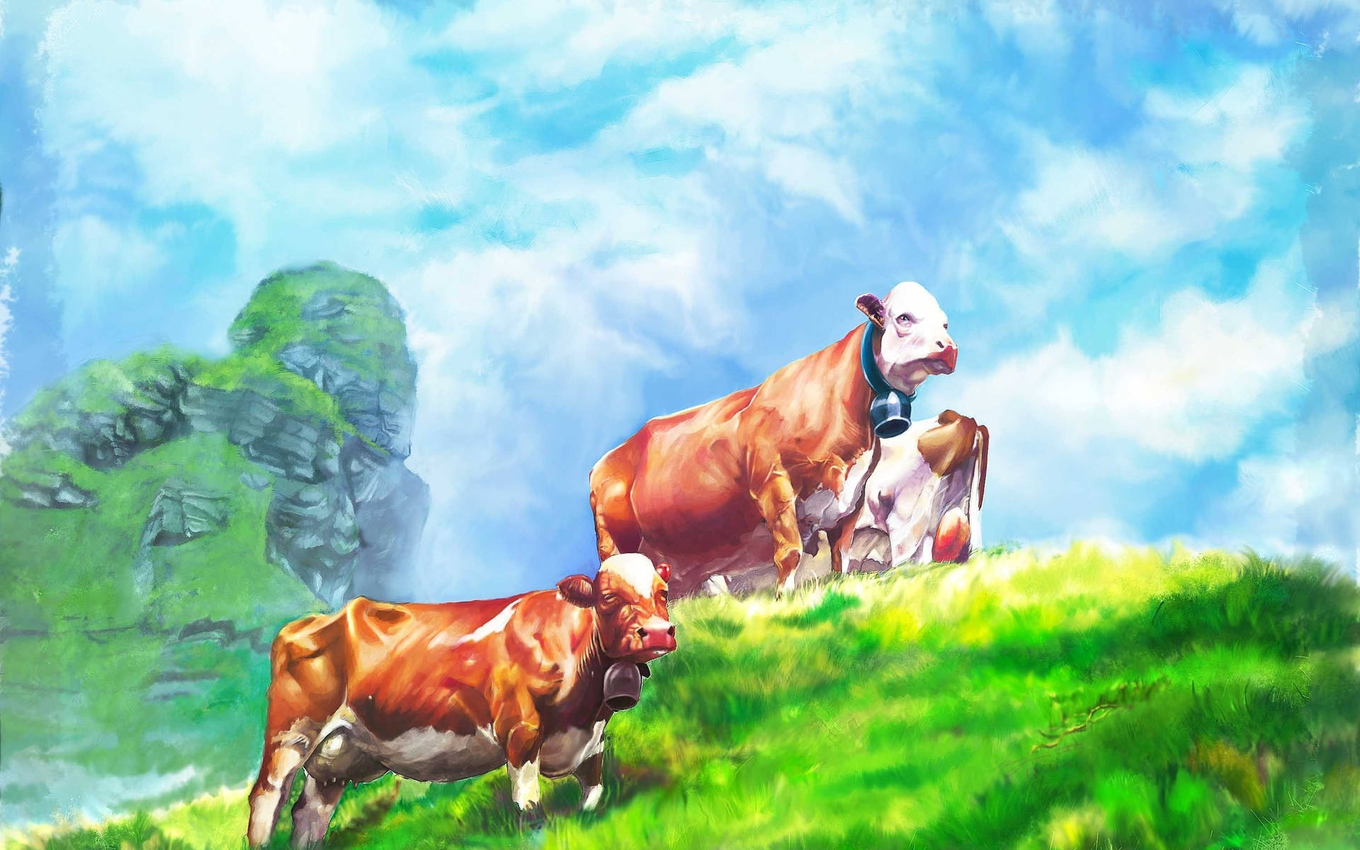 Painting Of Cute Cows On Grass Field Wallpaper