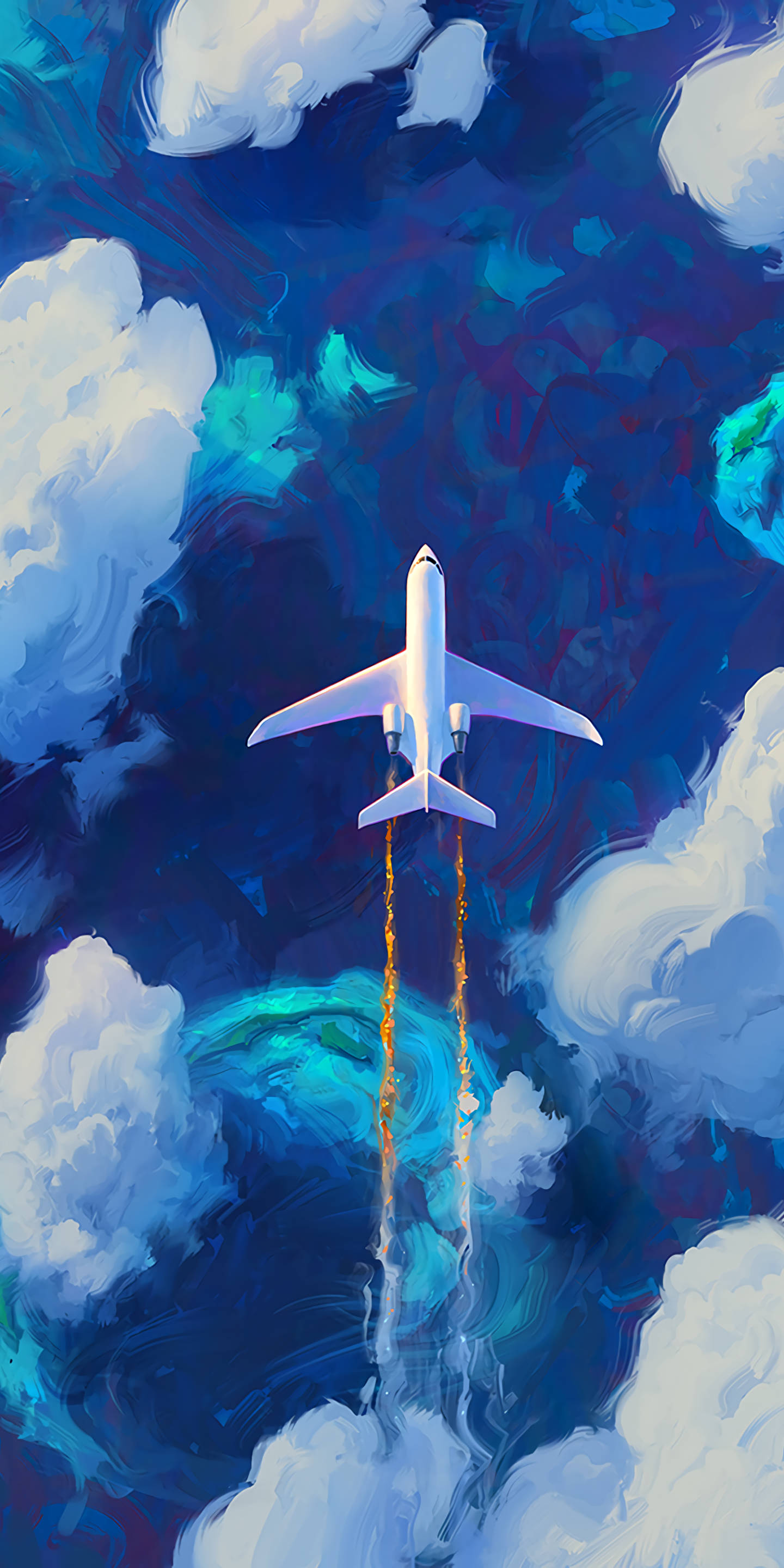 Painting Of Soaring White Airplane Android Wallpaper