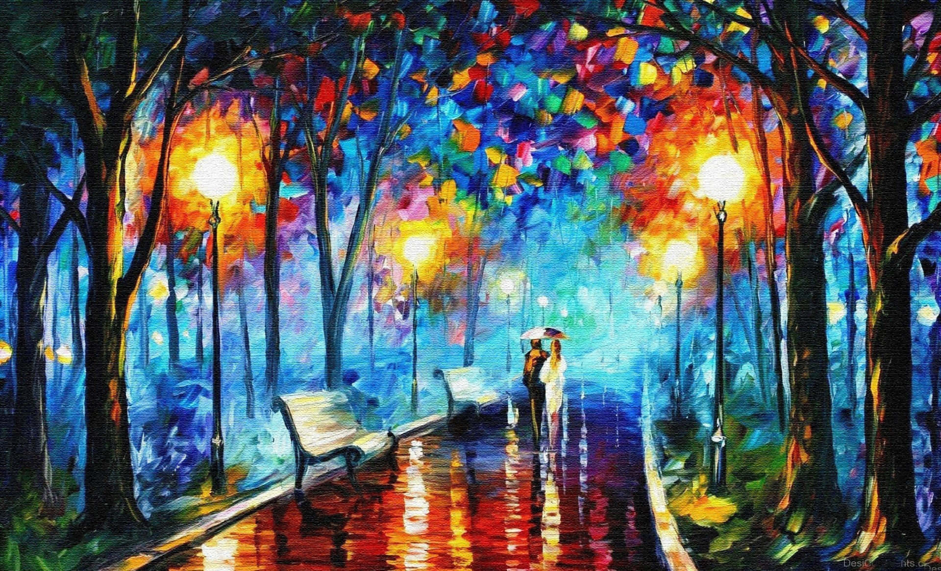 A Painting Of A Couple Walking In The Park