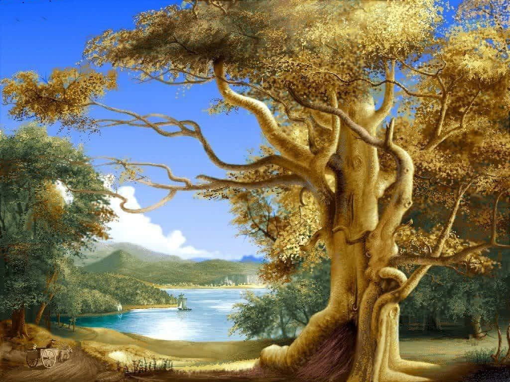 Download A Painting Of A Tree In A Lake | Wallpapers.com