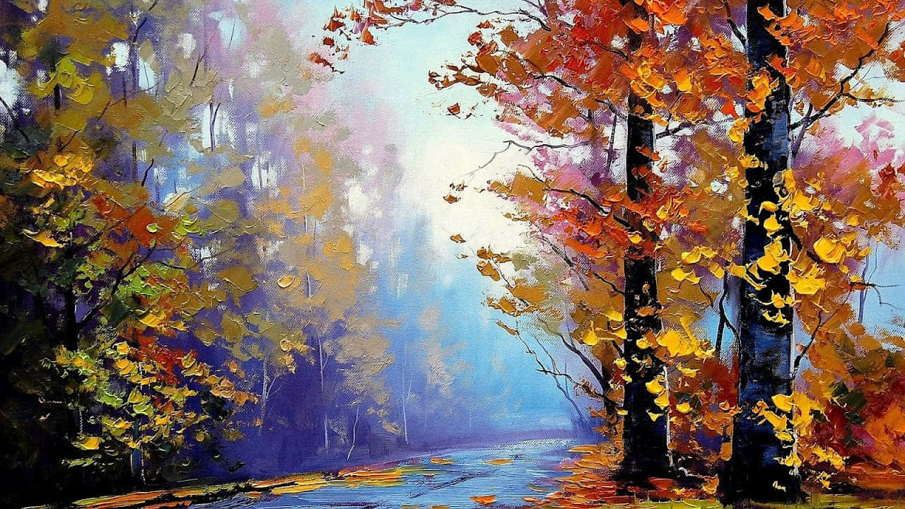 Eingemälde Einer Straße Mit Bäumen Im Herbst