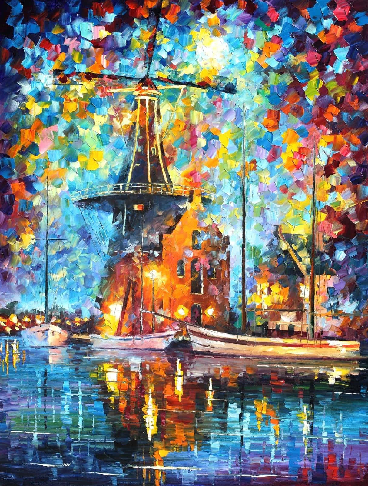 A Painting Of A Windmill And Boats In The Water