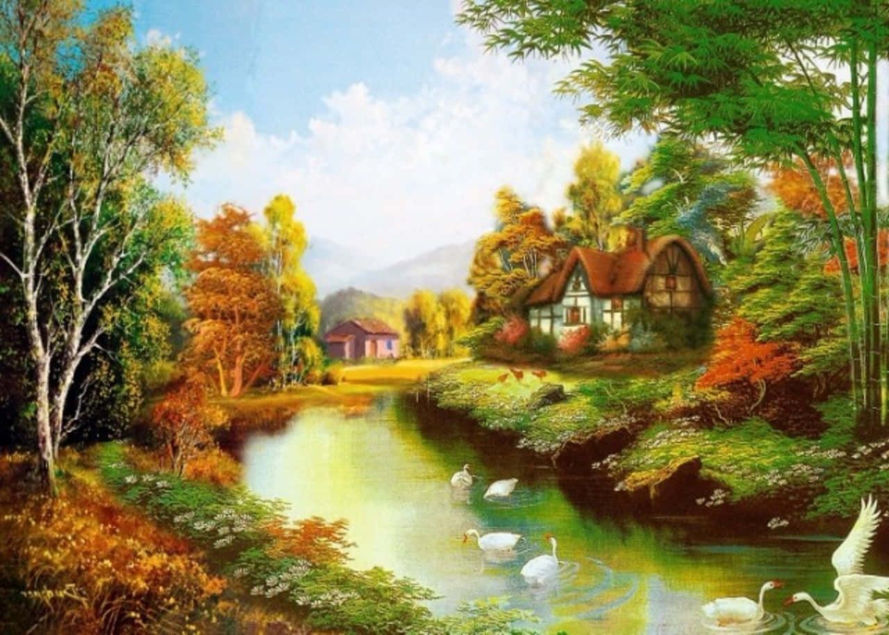 A Painting Of A River With Swans And A House
