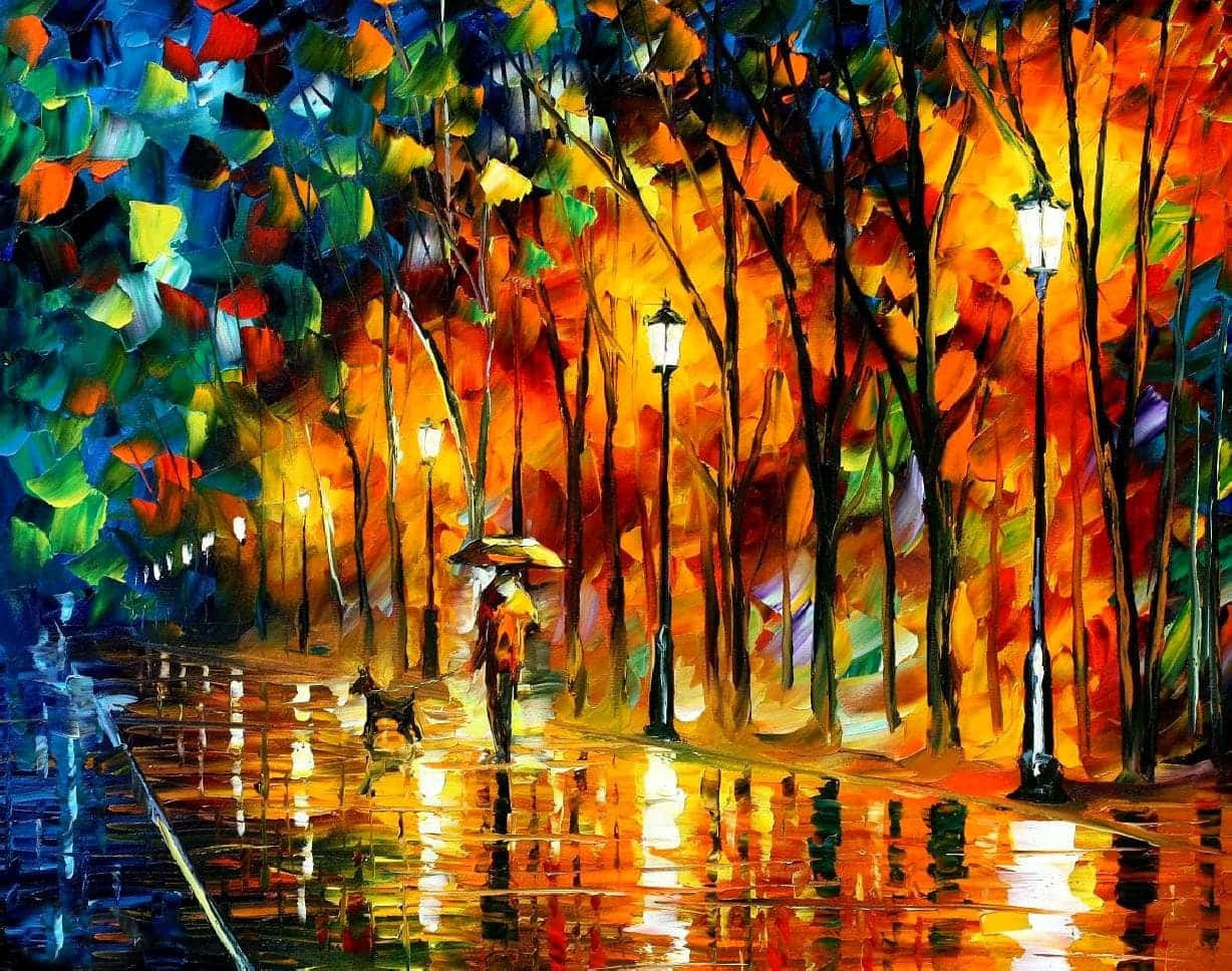 A Painting Of A Couple Walking In The Rain