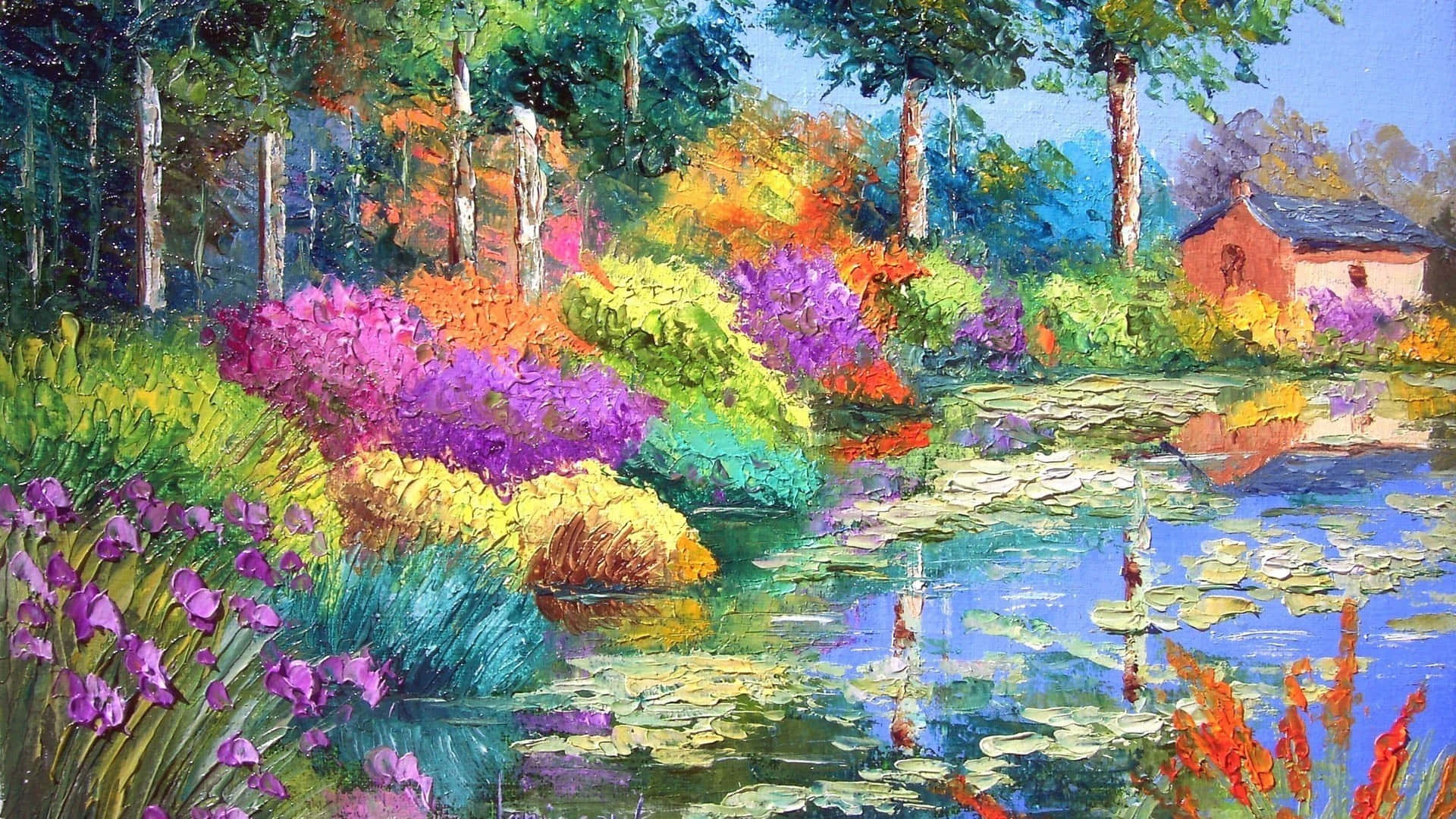 Enmålning Av En Damm Med Färgglada Blommor