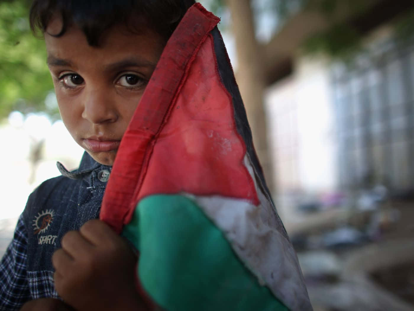 Enung Pojke Håller En Palestinsk Flagga