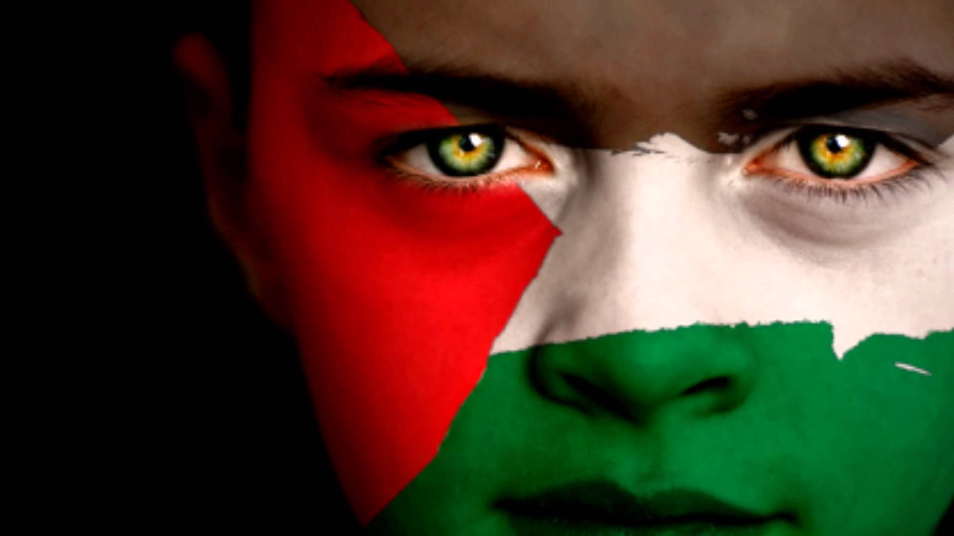 Passionate Supporter with Painted Palestine Flag on Face Wallpaper
