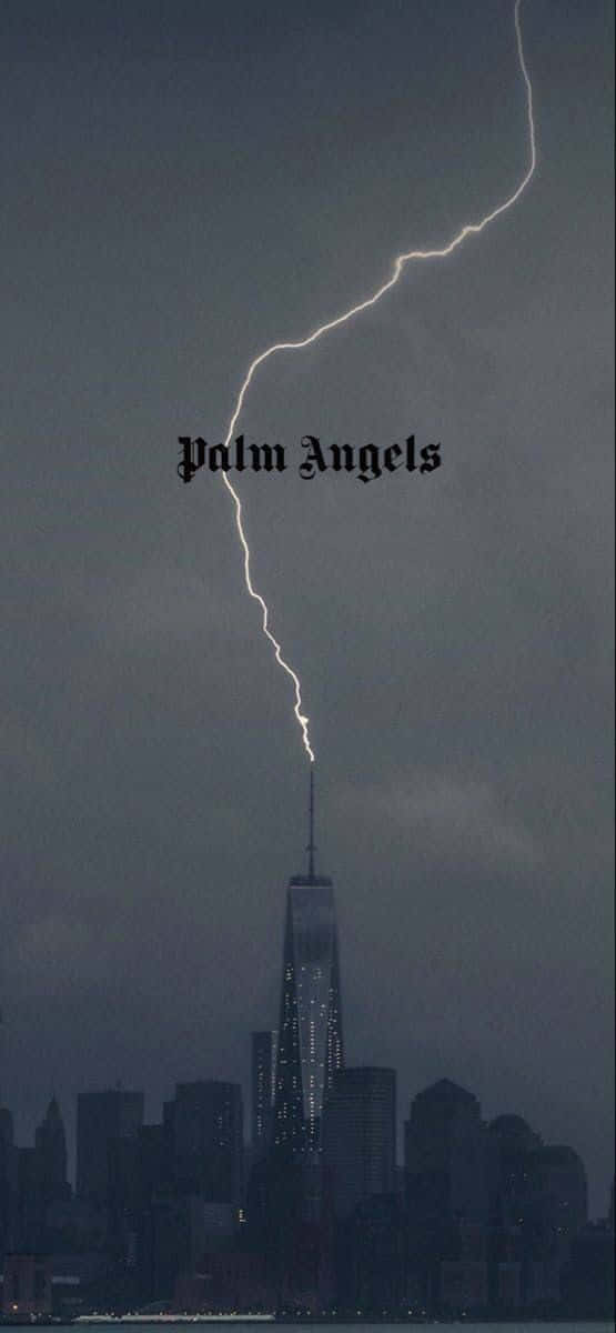 A Lightning Bolt Is Shown Over A City With The Words Prum Angels Wallpaper